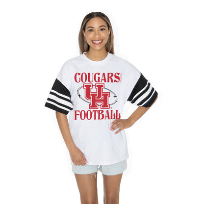 HOUSTON COUGARS STARTING LINEUP BOLD CONTRAST, OVERSIZED, SPORTY HERITAGE-STRIPED TEE WITH JERSEY MESH SHORT SLEEVES AND RIBBED NECKLINE