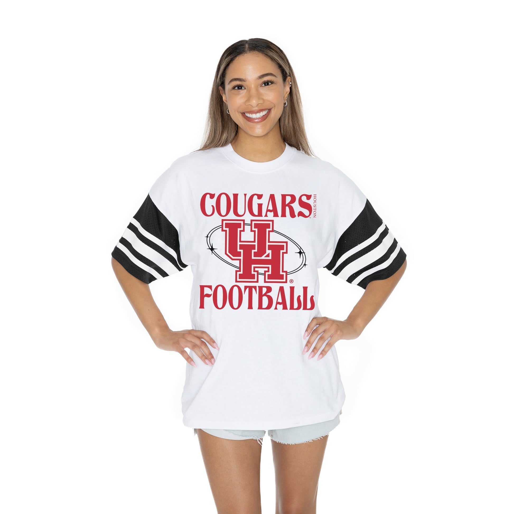 HOUSTON COUGARS STARTING LINEUP BOLD CONTRAST, OVERSIZED, SPORTY HERITAGE-STRIPED TEE WITH JERSEY MESH SHORT SLEEVES AND RIBBED NECKLINE