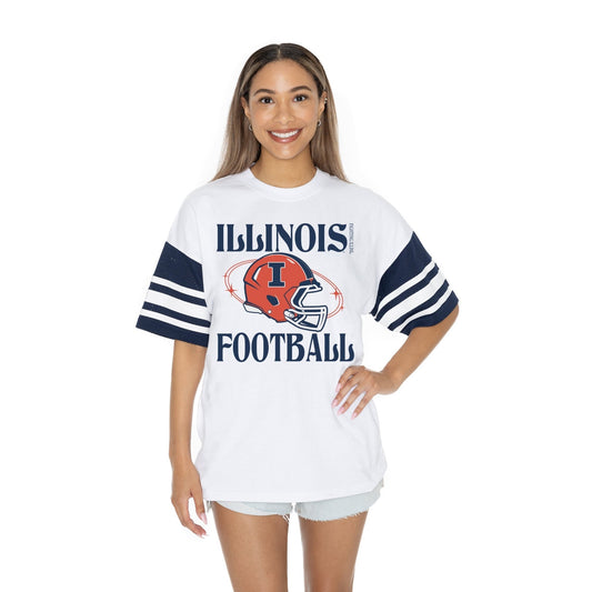 ILLINOIS FIGHTING ILLINI STARTING LINEUP BOLD CONTRAST, OVERSIZED, SPORTY HERITAGE - STRIPED TEE WITH JERSEY MESH SHORT SLEEVES AND RIBBED NECKLINE - The Club