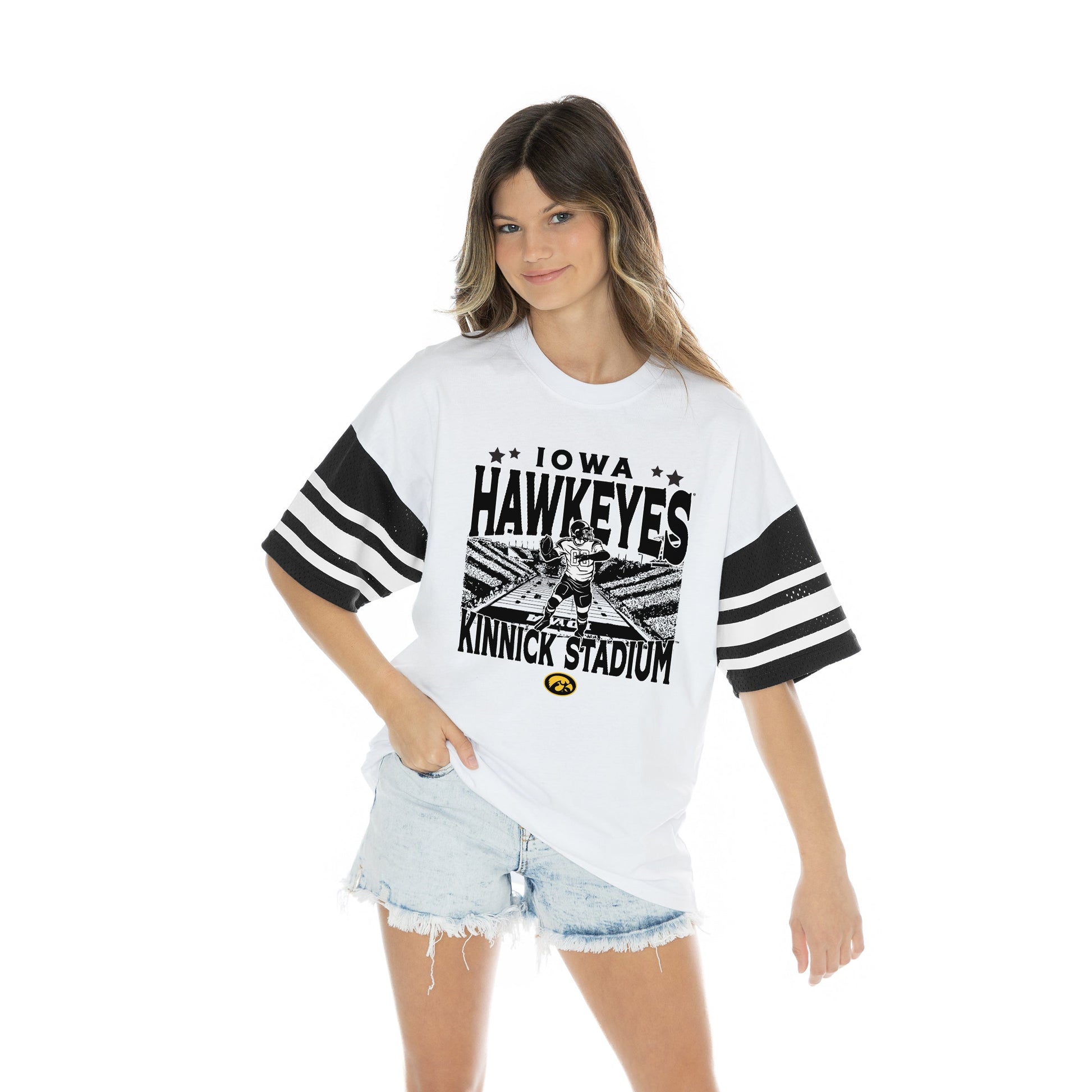 IOWA HAWKEYES CROWD PLEASER BOLD CONTRAST, OVERSIZED, SPORTY HERITAGE-STRIPED TEE WITH JERSEY MESH SHORT SLEEVES AND RIBBED NECKLINE