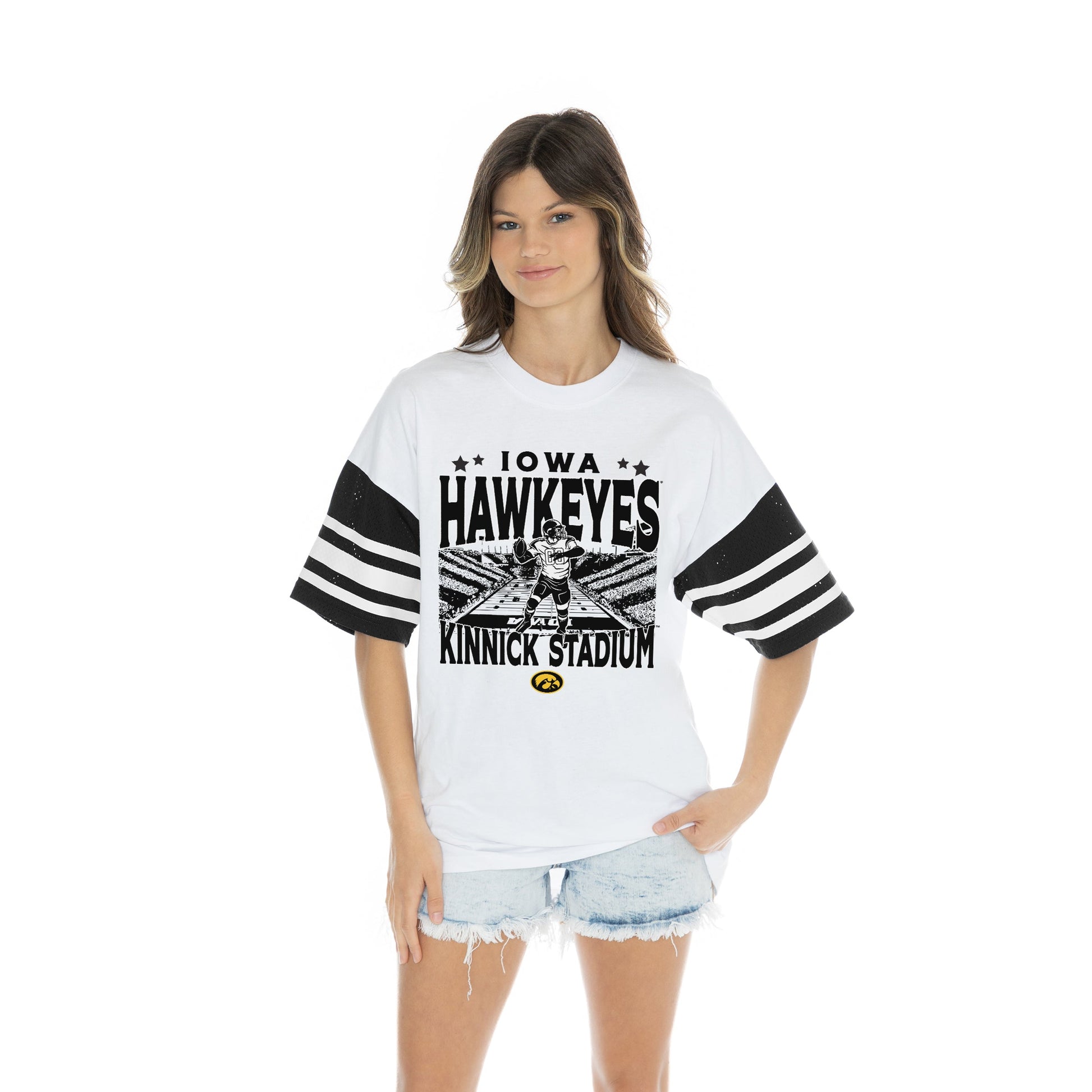 IOWA HAWKEYES CROWD PLEASER BOLD CONTRAST, OVERSIZED, SPORTY HERITAGE-STRIPED TEE WITH JERSEY MESH SHORT SLEEVES AND RIBBED NECKLINE