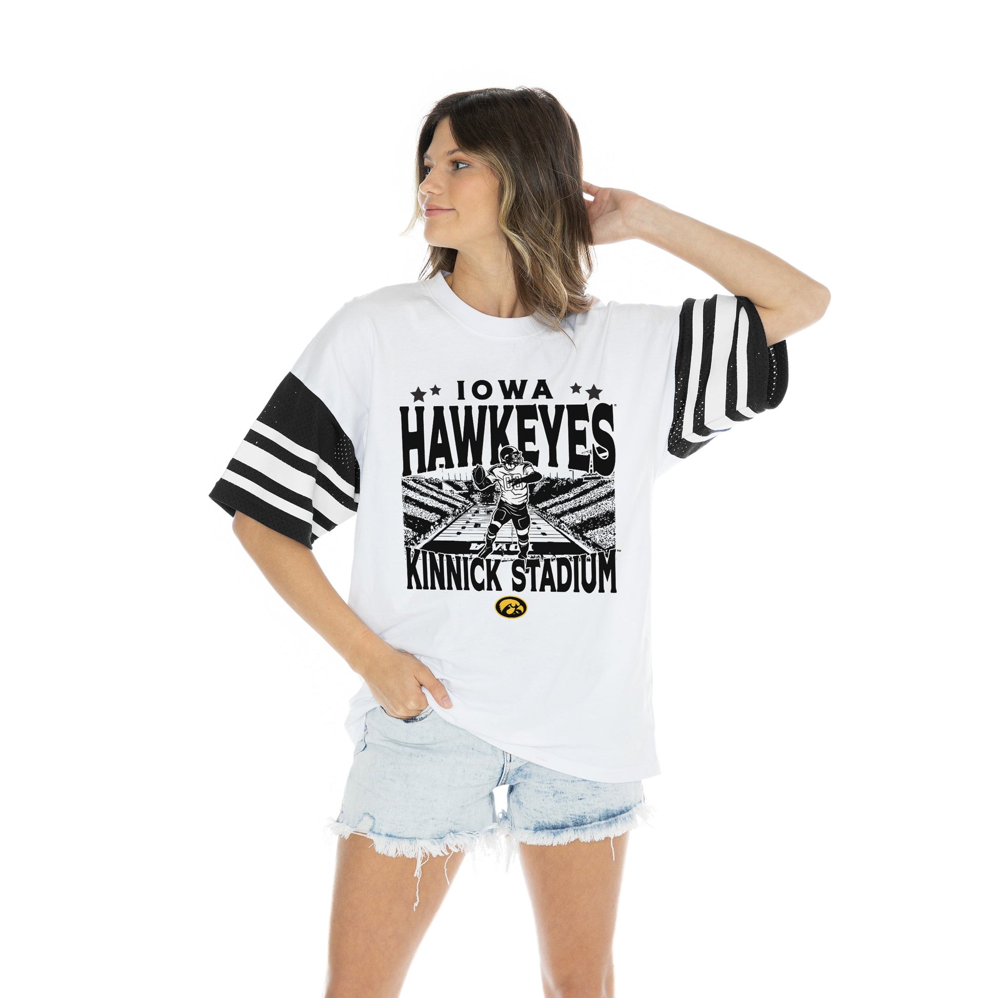 IOWA HAWKEYES CROWD PLEASER BOLD CONTRAST, OVERSIZED, SPORTY HERITAGE-STRIPED TEE WITH JERSEY MESH SHORT SLEEVES AND RIBBED NECKLINE