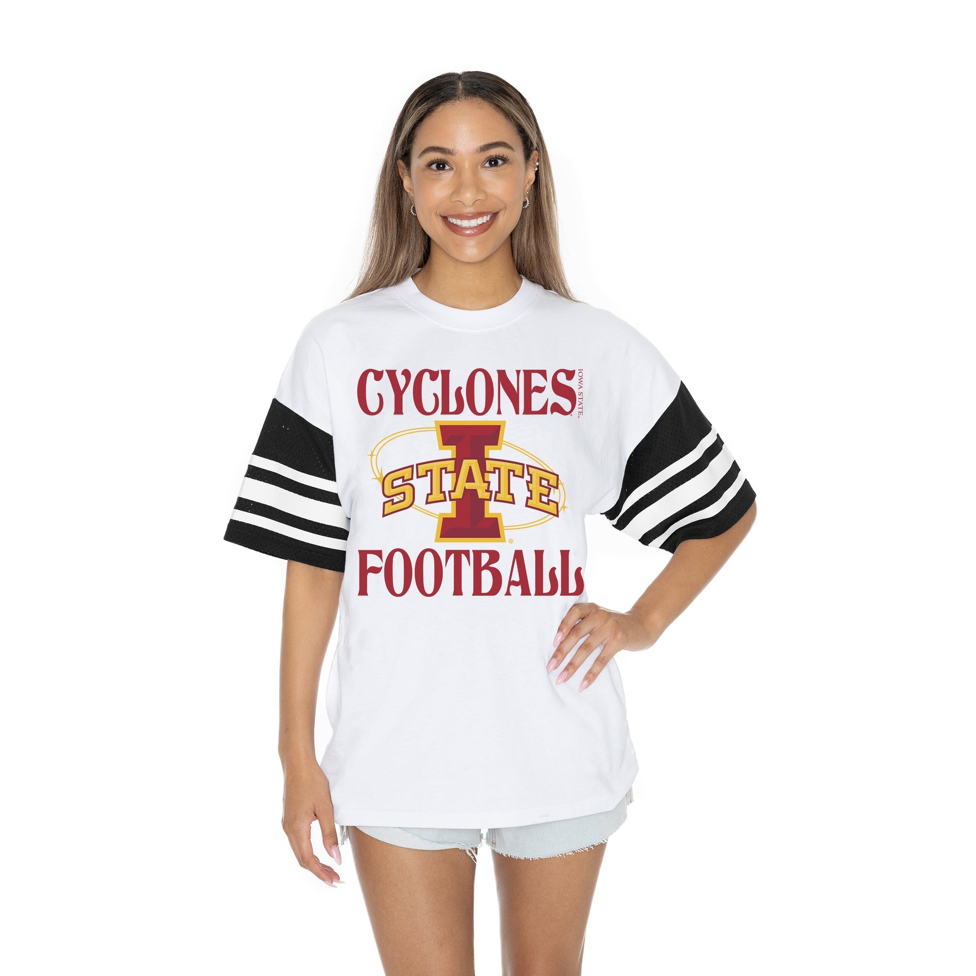 IOWA STATE CYCLONES STARTING LINEUP BOLD CONTRAST, OVERSIZED, SPORTY HERITAGE-STRIPED TEE WITH JERSEY MESH SHORT SLEEVES AND RIBBED NECKLINE