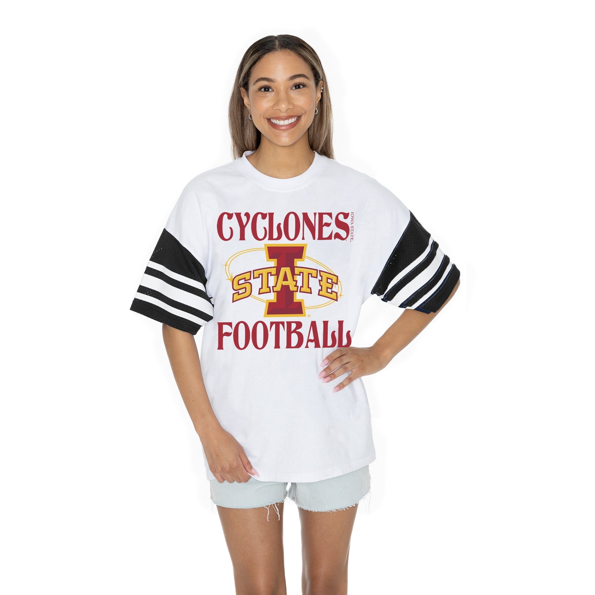 IOWA STATE CYCLONES STARTING LINEUP BOLD CONTRAST, OVERSIZED, SPORTY HERITAGE-STRIPED TEE WITH JERSEY MESH SHORT SLEEVES AND RIBBED NECKLINE