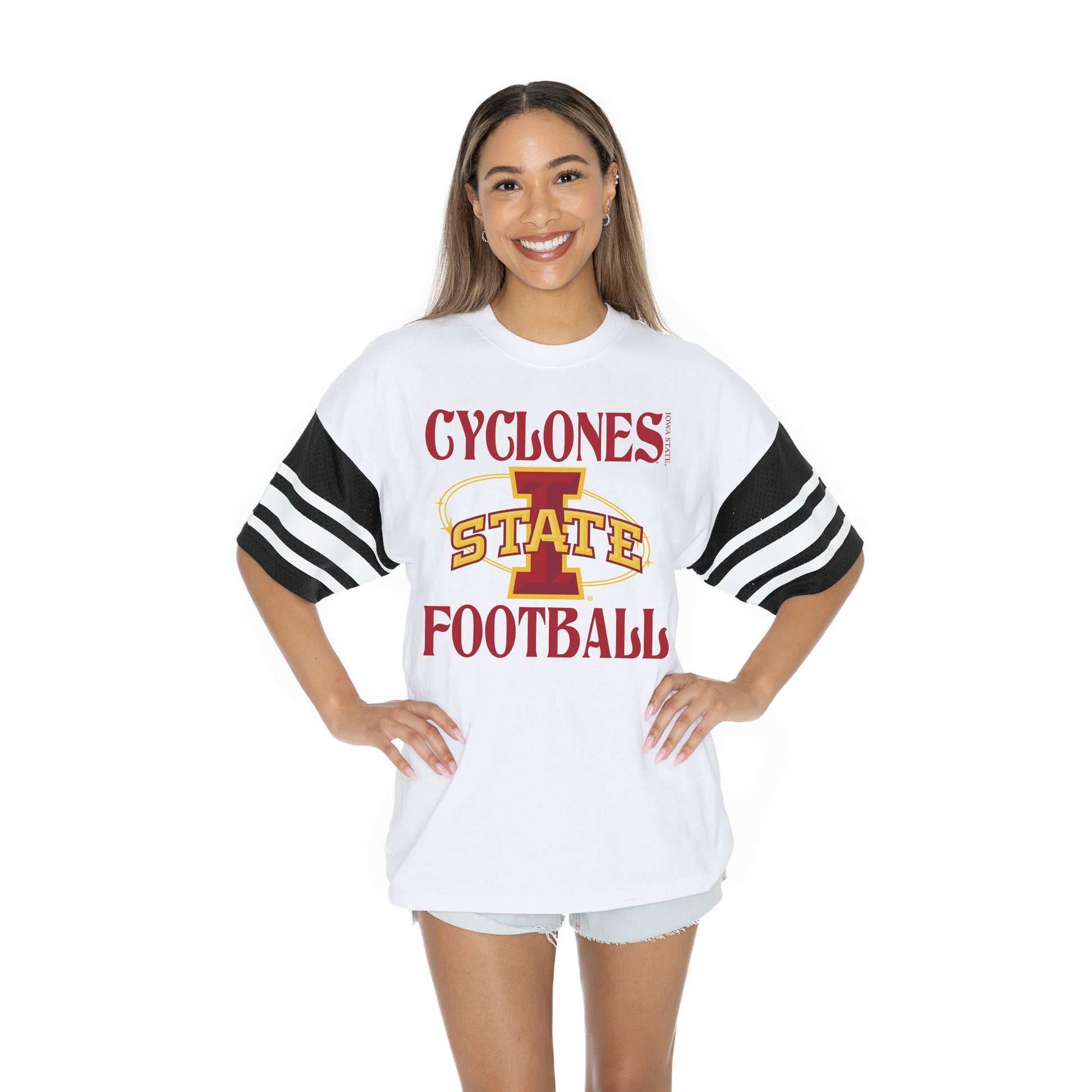 IOWA STATE CYCLONES STARTING LINEUP BOLD CONTRAST, OVERSIZED, SPORTY HERITAGE-STRIPED TEE WITH JERSEY MESH SHORT SLEEVES AND RIBBED NECKLINE