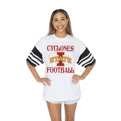 IOWA STATE CYCLONES STARTING LINEUP BOLD CONTRAST, OVERSIZED, SPORTY HERITAGE-STRIPED TEE WITH JERSEY MESH SHORT SLEEVES AND RIBBED NECKLINE
