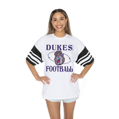 JAMES MADISON DUKES STARTING LINEUP BOLD CONTRAST, OVERSIZED, SPORTY HERITAGE-STRIPED TEE WITH JERSEY MESH SHORT SLEEVES AND RIBBED NECKLINE