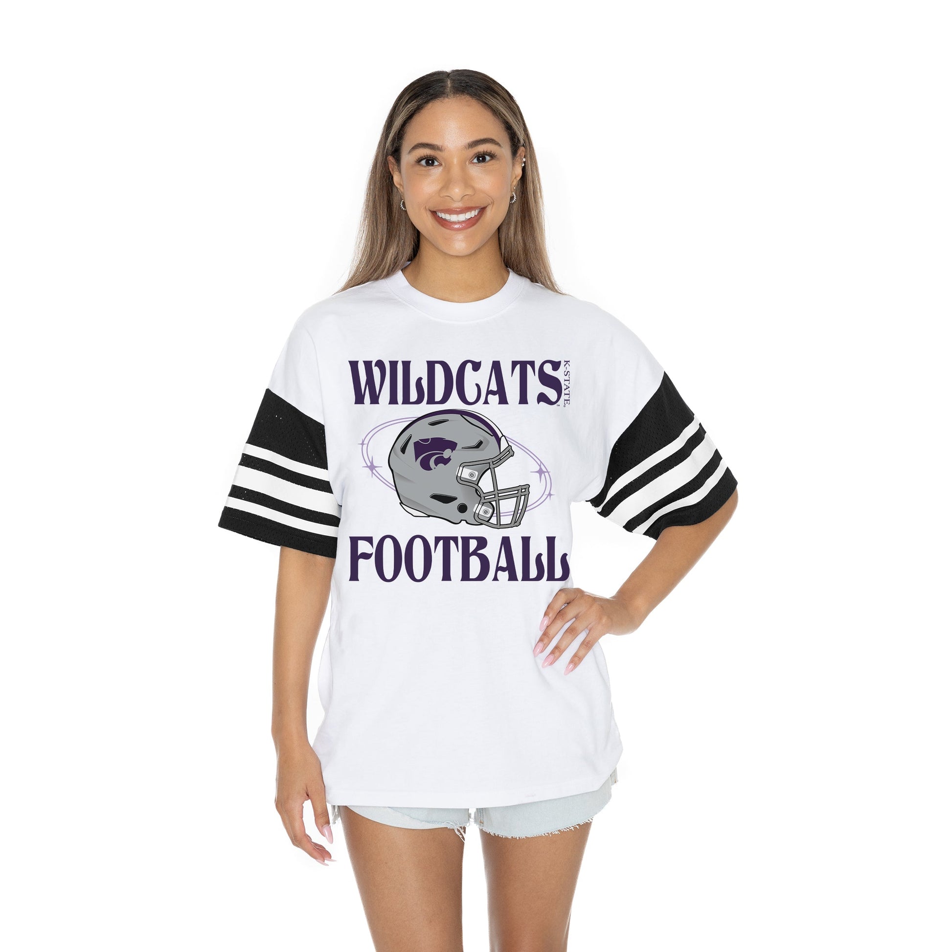 KANSAS STATE WILDCATS STARTING LINEUP BOLD CONTRAST, OVERSIZED, SPORTY HERITAGE-STRIPED TEE WITH JERSEY MESH SHORT SLEEVES AND RIBBED NECKLINE