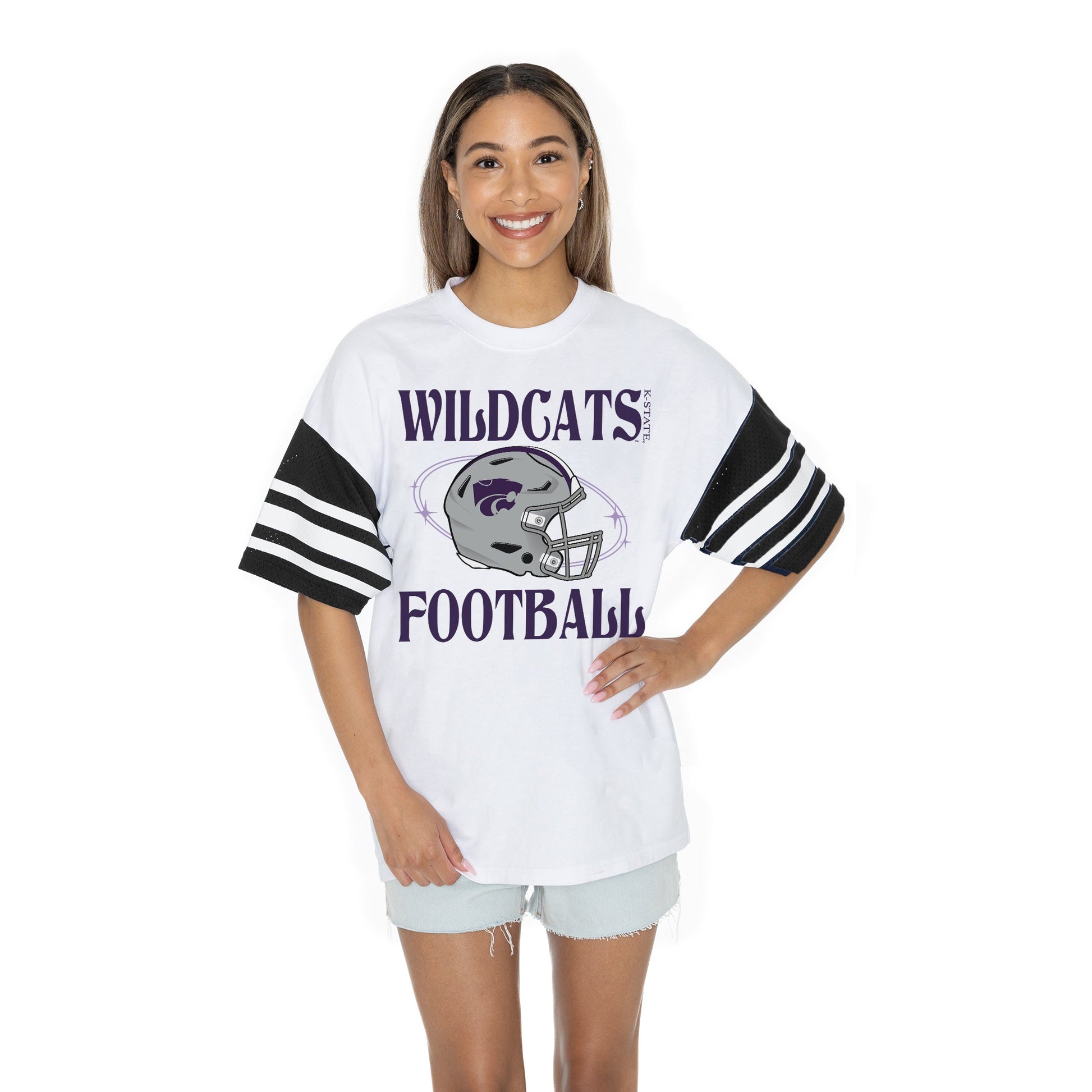 KANSAS STATE WILDCATS STARTING LINEUP BOLD CONTRAST, OVERSIZED, SPORTY HERITAGE-STRIPED TEE WITH JERSEY MESH SHORT SLEEVES AND RIBBED NECKLINE