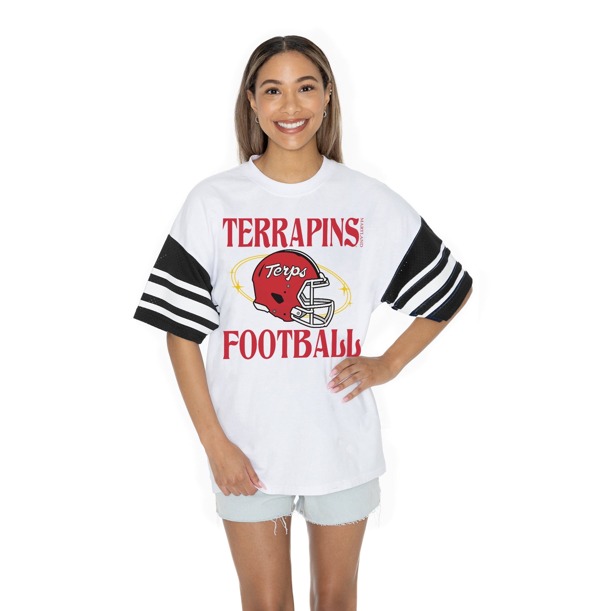 MARYLAND TERRAPINS STARTING LINEUP BOLD CONTRAST, OVERSIZED, SPORTY HERITAGE-STRIPED TEE WITH JERSEY MESH SHORT SLEEVES AND RIBBED NECKLINE
