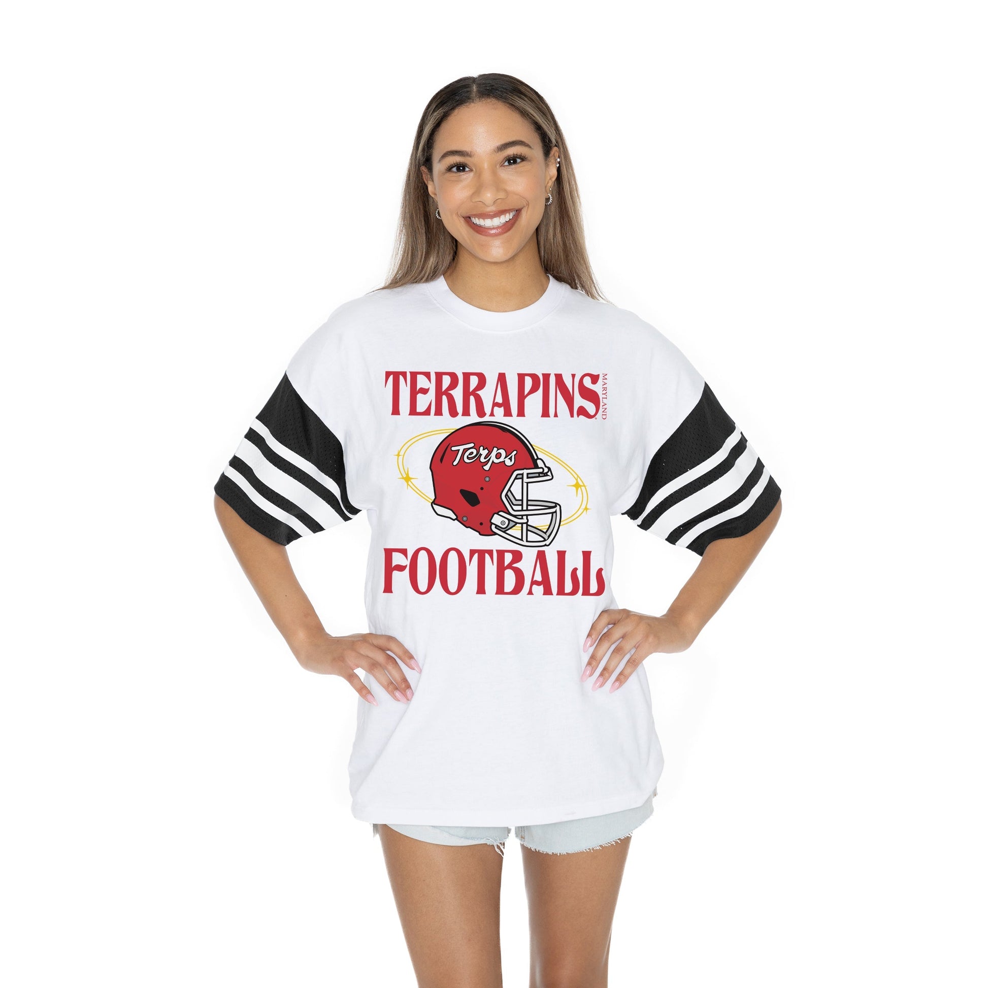 MARYLAND TERRAPINS STARTING LINEUP BOLD CONTRAST, OVERSIZED, SPORTY HERITAGE-STRIPED TEE WITH JERSEY MESH SHORT SLEEVES AND RIBBED NECKLINE