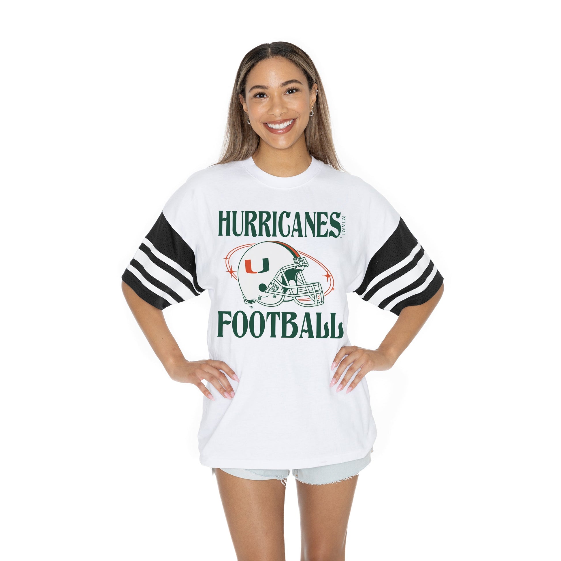 MIAMI HURRICANES STARTING LINEUP BOLD CONTRAST, OVERSIZED, SPORTY HERITAGE-STRIPED TEE WITH JERSEY MESH SHORT SLEEVES AND RIBBED NECKLINE