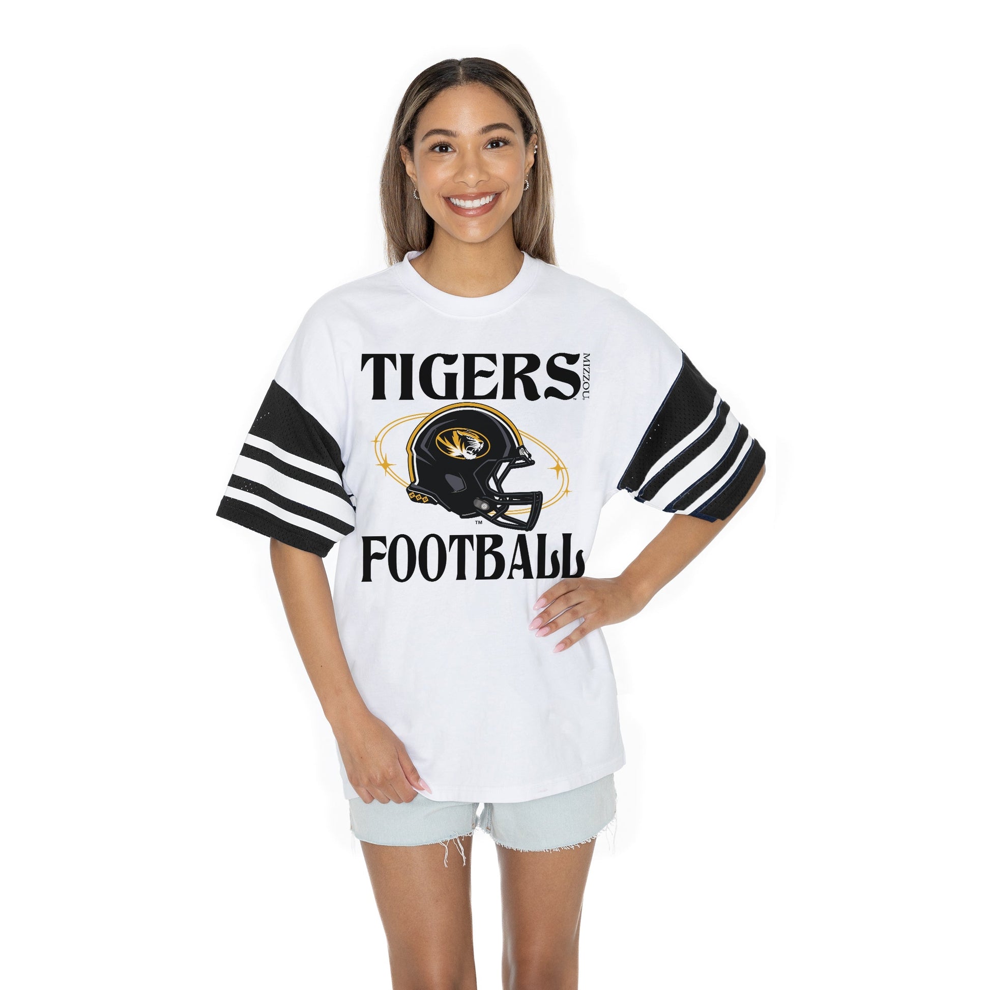 MISSOURI TIGERS STARTING LINEUP BOLD CONTRAST, OVERSIZED, SPORTY HERITAGE-STRIPED TEE WITH JERSEY MESH SHORT SLEEVES AND RIBBED NECKLINE