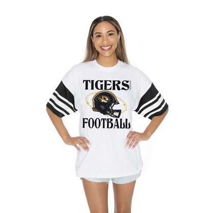 MISSOURI TIGERS STARTING LINEUP BOLD CONTRAST, OVERSIZED, SPORTY HERITAGE-STRIPED TEE WITH JERSEY MESH SHORT SLEEVES AND RIBBED NECKLINE
