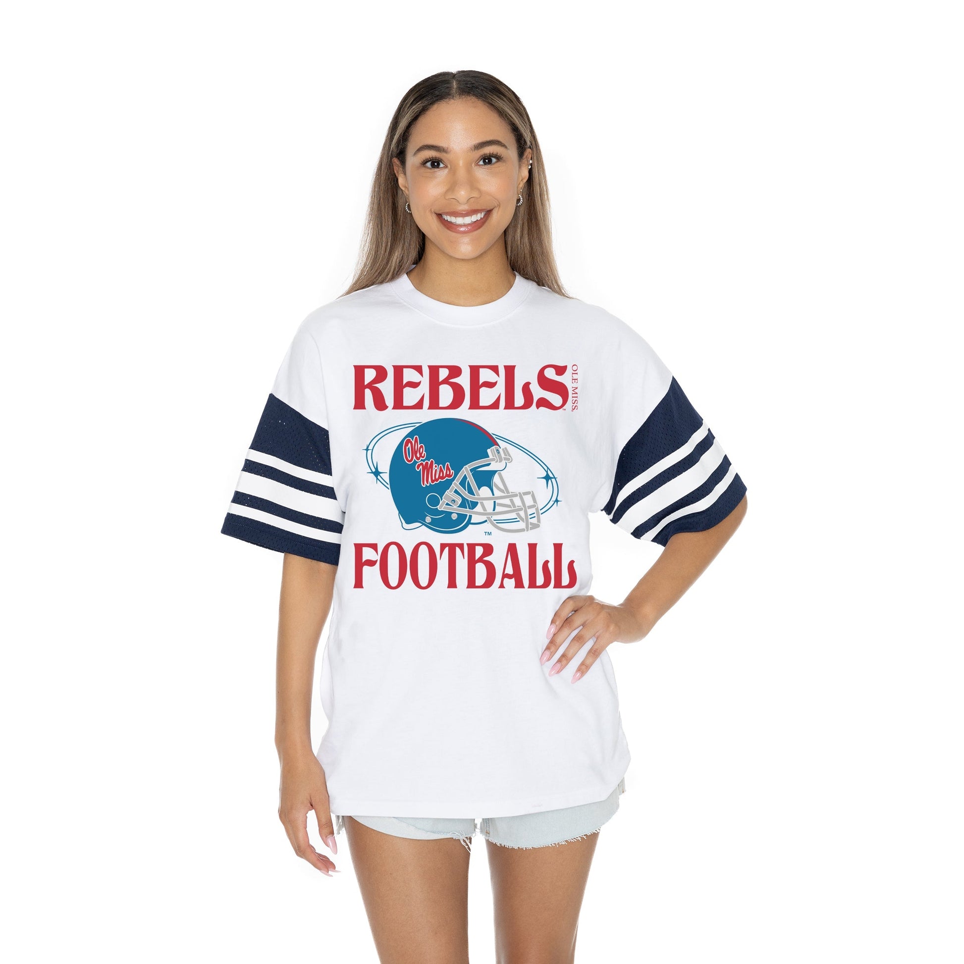 OLE MISS REBELS STARTING LINEUP BOLD CONTRAST, OVERSIZED, SPORTY HERITAGE-STRIPED TEE WITH JERSEY MESH SHORT SLEEVES AND RIBBED NECKLINE