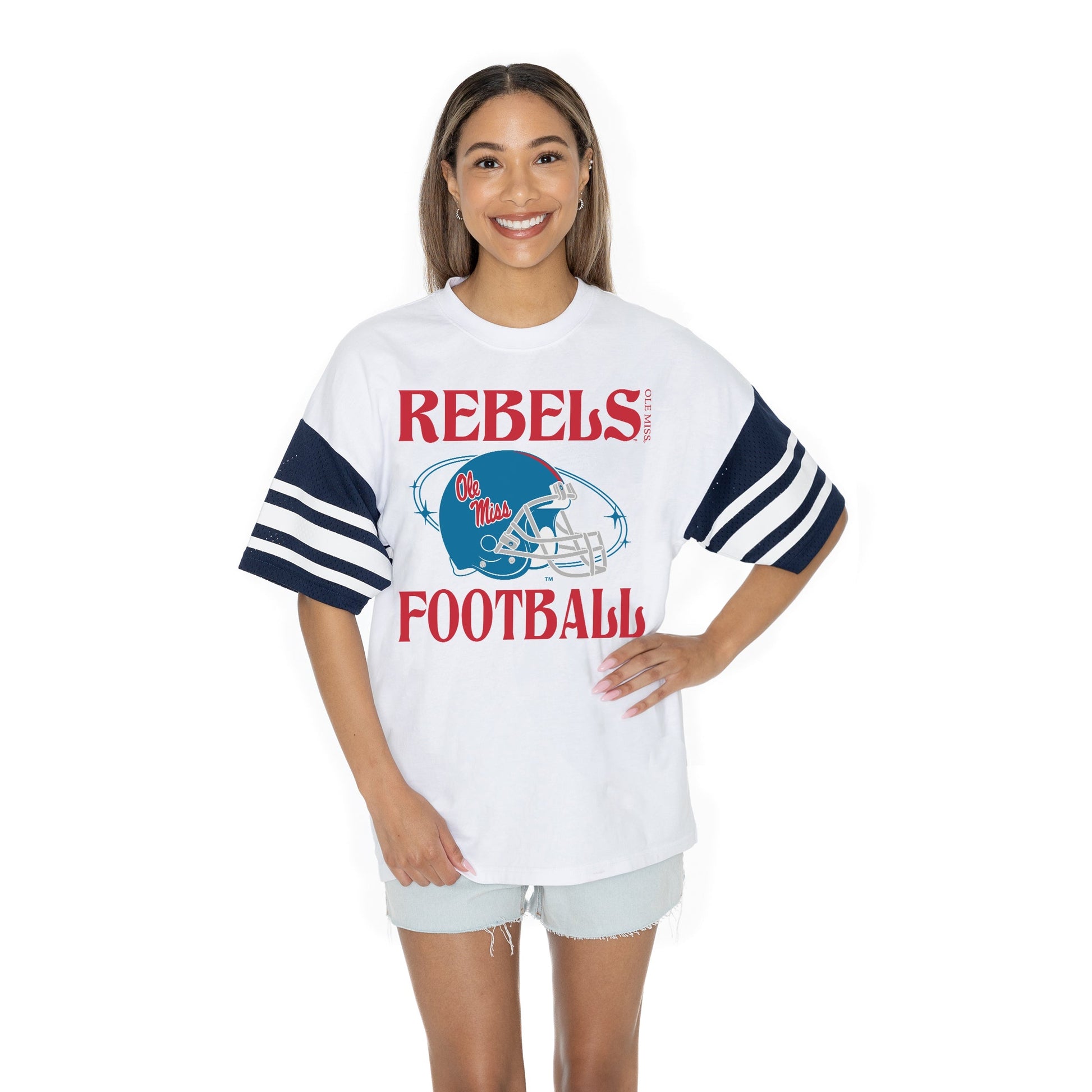 OLE MISS REBELS STARTING LINEUP BOLD CONTRAST, OVERSIZED, SPORTY HERITAGE-STRIPED TEE WITH JERSEY MESH SHORT SLEEVES AND RIBBED NECKLINE