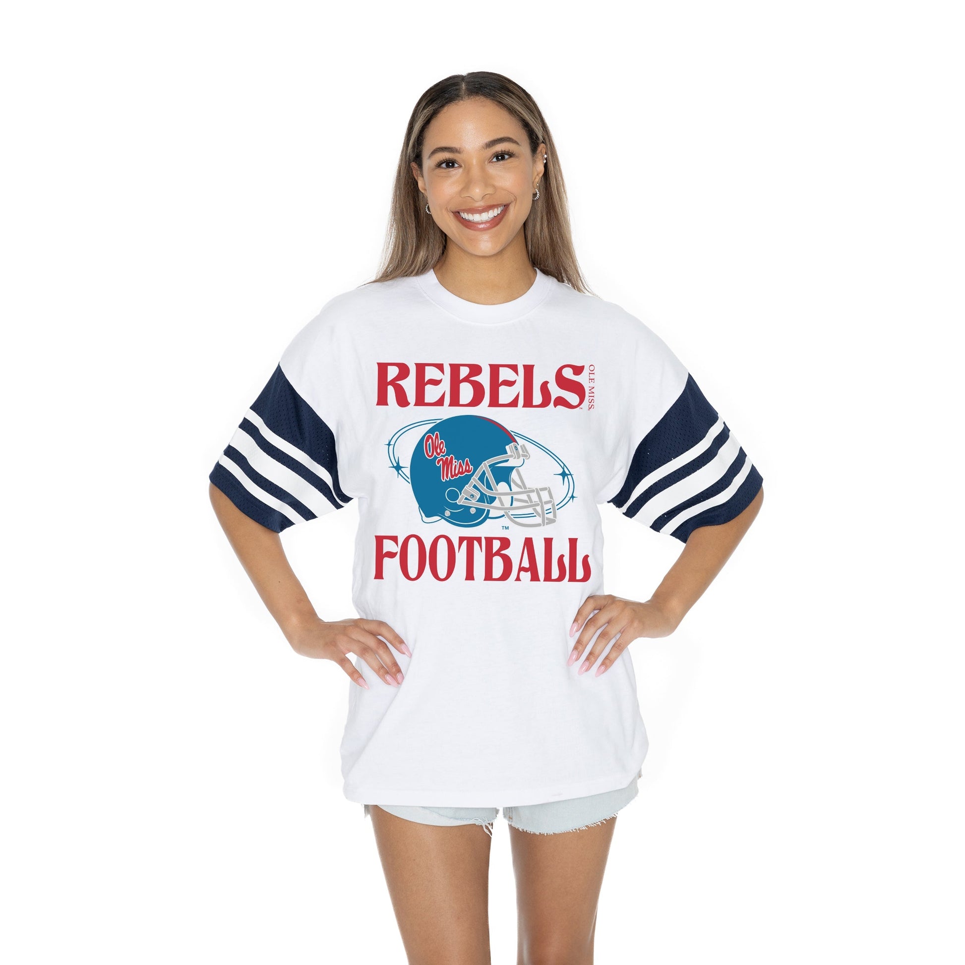 OLE MISS REBELS STARTING LINEUP BOLD CONTRAST, OVERSIZED, SPORTY HERITAGE-STRIPED TEE WITH JERSEY MESH SHORT SLEEVES AND RIBBED NECKLINE