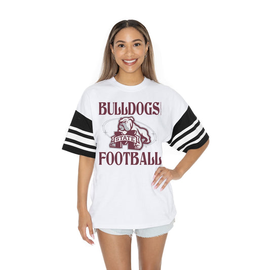 MISSISSIPPI STATE BULLDOGS STARTING LINEUP BOLD CONTRAST, OVERSIZED, SPORTY HERITAGE - STRIPED TEE WITH JERSEY MESH SHORT SLEEVES AND RIBBED NECKLINE - The Club