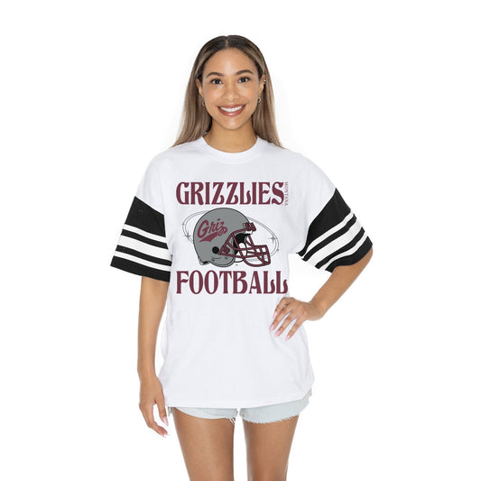 MONTANA GRIZZLIES STARTING LINEUP BOLD CONTRAST, OVERSIZED, SPORTY HERITAGE - STRIPED TEE WITH JERSEY MESH SHORT SLEEVES AND RIBBED NECKLINE - The Club