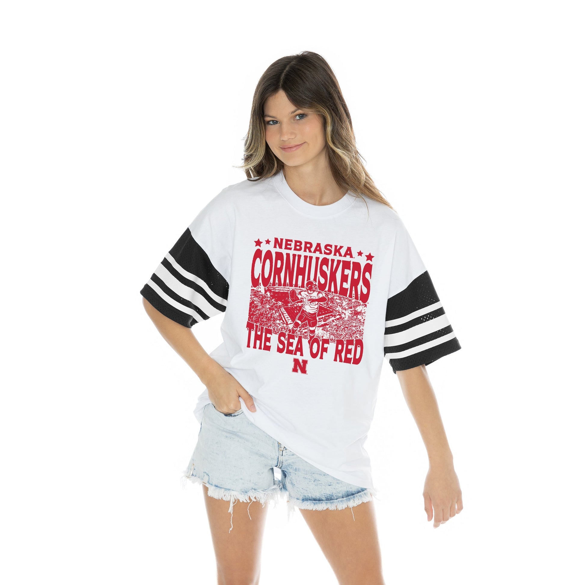 NEBRASKA CORNHUSKERS CROWD PLEASER BOLD CONTRAST, OVERSIZED, SPORTY HERITAGE-STRIPED TEE WITH JERSEY MESH SHORT SLEEVES AND RIBBED NECKLINE