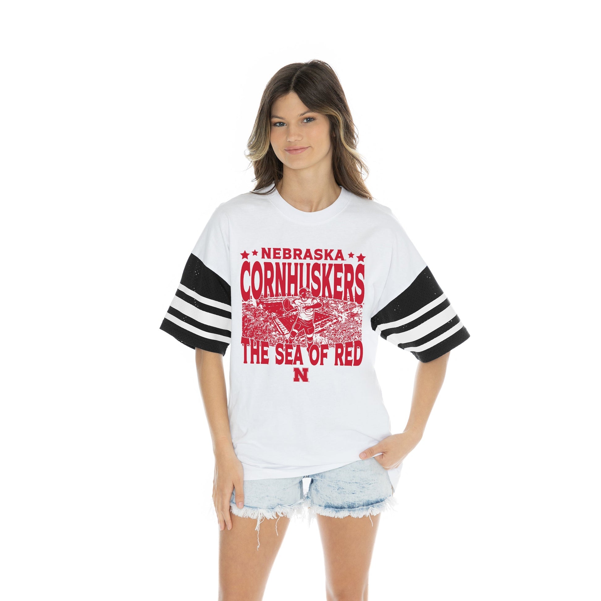 NEBRASKA CORNHUSKERS CROWD PLEASER BOLD CONTRAST, OVERSIZED, SPORTY HERITAGE-STRIPED TEE WITH JERSEY MESH SHORT SLEEVES AND RIBBED NECKLINE