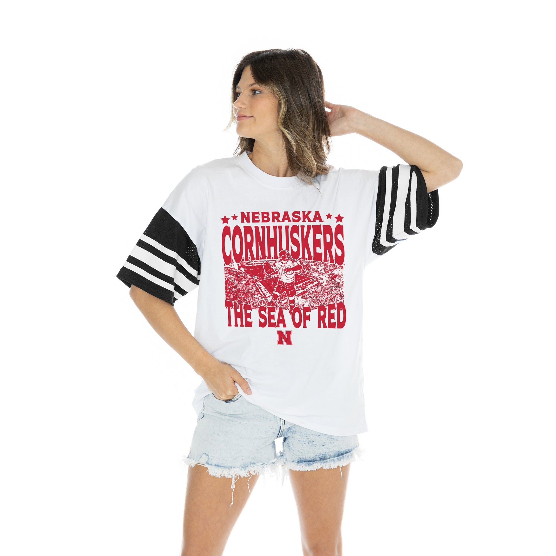 NEBRASKA CORNHUSKERS CROWD PLEASER BOLD CONTRAST, OVERSIZED, SPORTY HERITAGE-STRIPED TEE WITH JERSEY MESH SHORT SLEEVES AND RIBBED NECKLINE