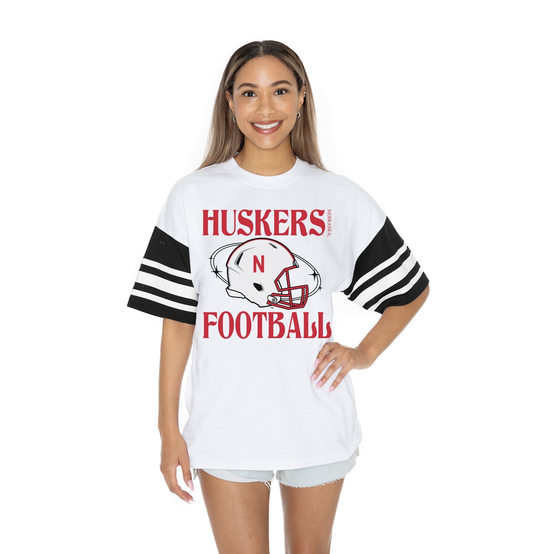 NEBRASKA CORNHUSKERS STARTING LINEUP BOLD CONTRAST, OVERSIZED, SPORTY HERITAGE-STRIPED TEE WITH JERSEY MESH SHORT SLEEVES AND RIBBED NECKLINE