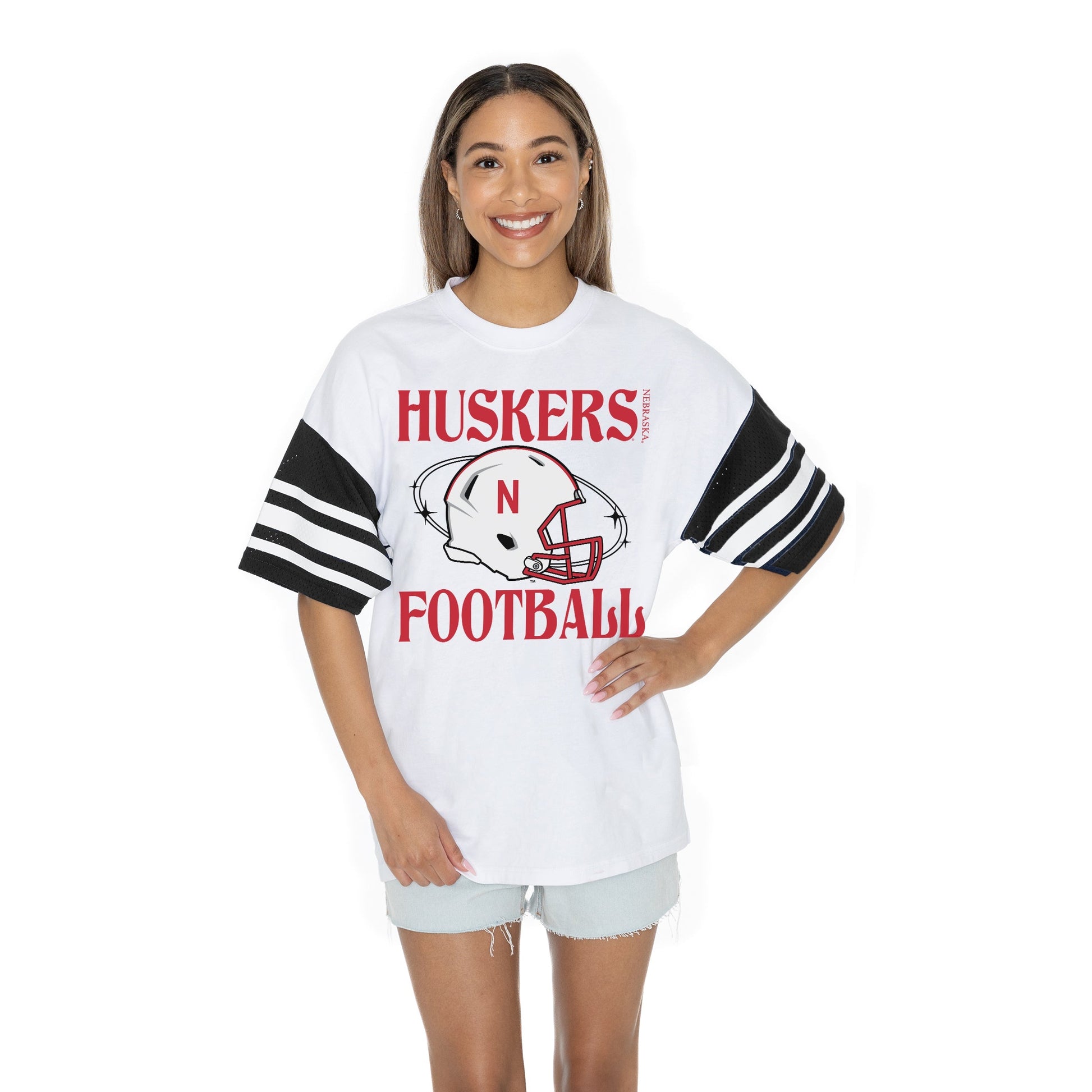 NEBRASKA CORNHUSKERS STARTING LINEUP BOLD CONTRAST, OVERSIZED, SPORTY HERITAGE-STRIPED TEE WITH JERSEY MESH SHORT SLEEVES AND RIBBED NECKLINE