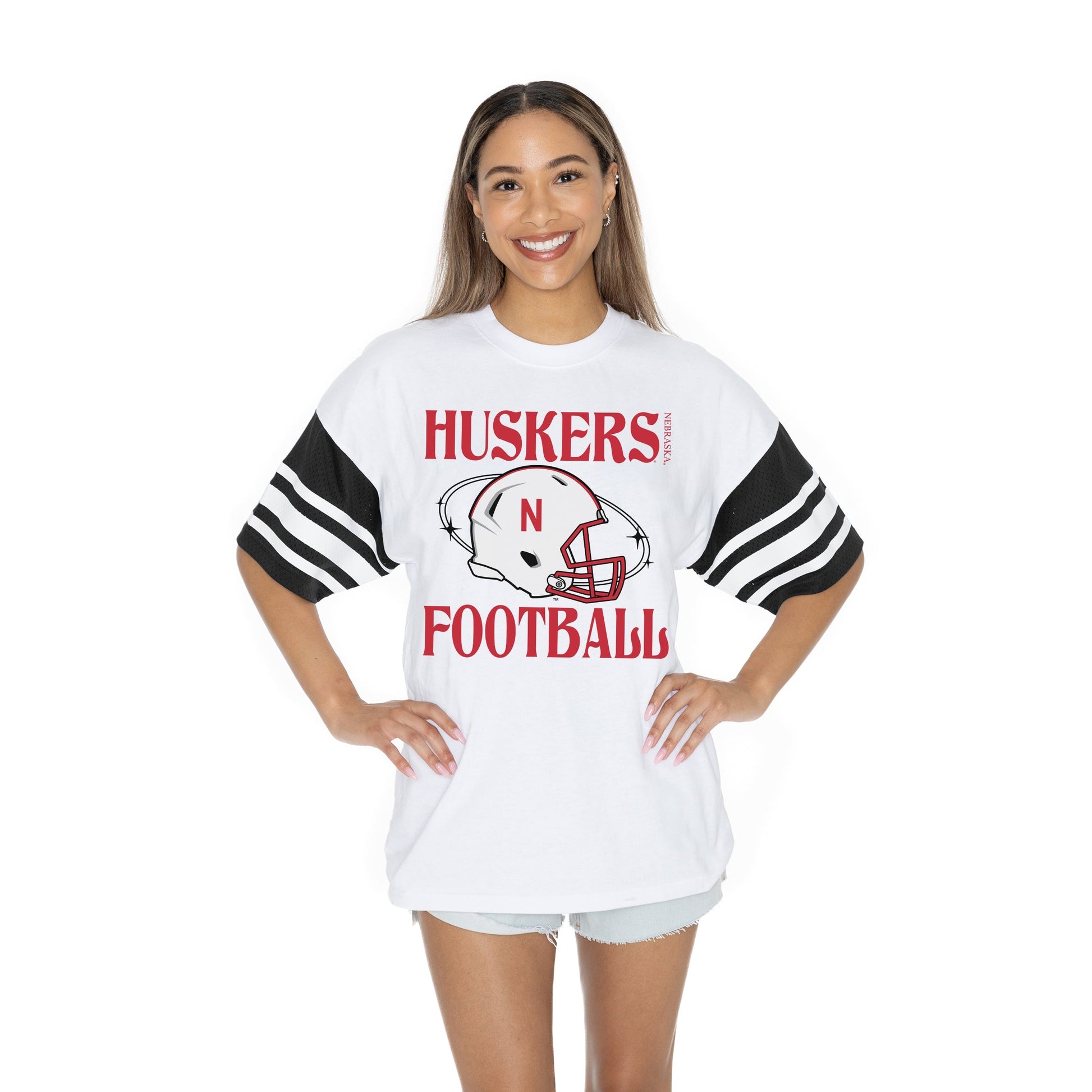 NEBRASKA CORNHUSKERS STARTING LINEUP BOLD CONTRAST, OVERSIZED, SPORTY HERITAGE-STRIPED TEE WITH JERSEY MESH SHORT SLEEVES AND RIBBED NECKLINE
