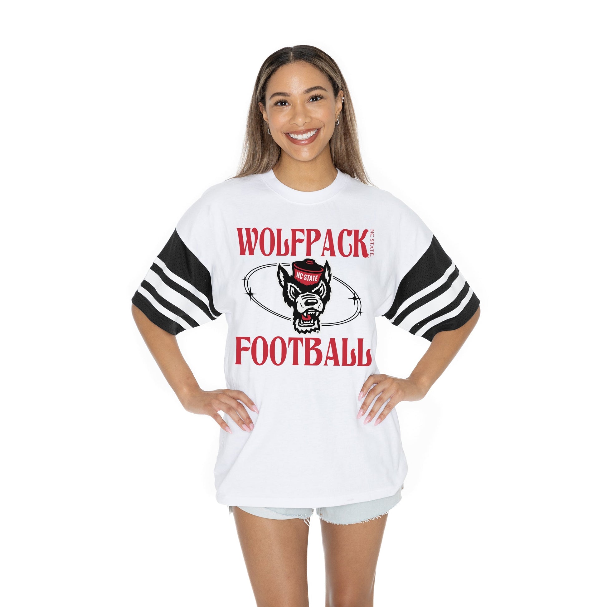 NORTH CAROLINA STATE WOLFPACK STARTING LINEUP BOLD CONTRAST, OVERSIZED, SPORTY HERITAGE-STRIPED TEE WITH JERSEY MESH SHORT SLEEVES AND RIBBED NECKLINE