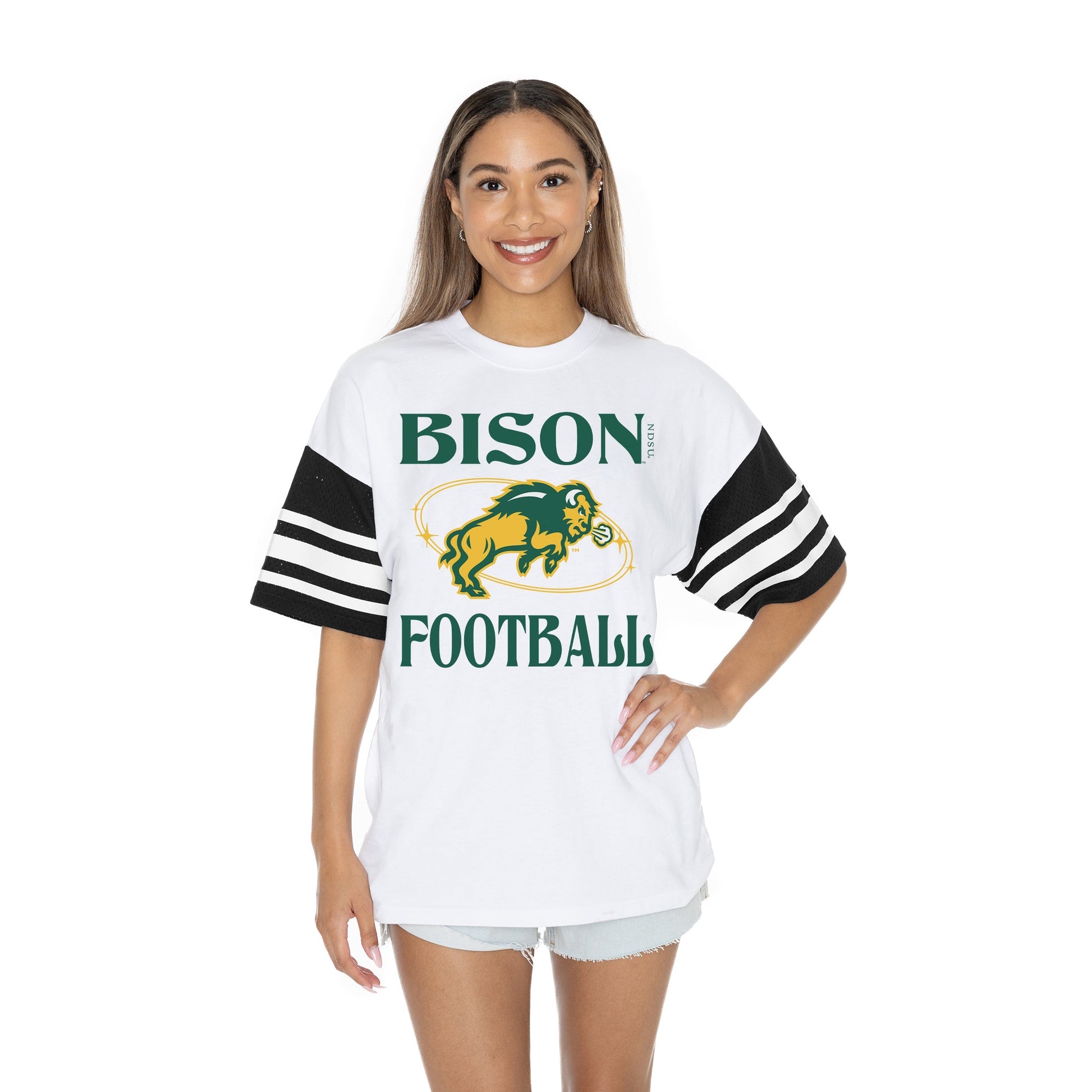 NORTH DAKOTA STATE BISON STARTING LINEUP BOLD CONTRAST, OVERSIZED, SPORTY HERITAGE-STRIPED TEE WITH JERSEY MESH SHORT SLEEVES AND RIBBED NECKLINE