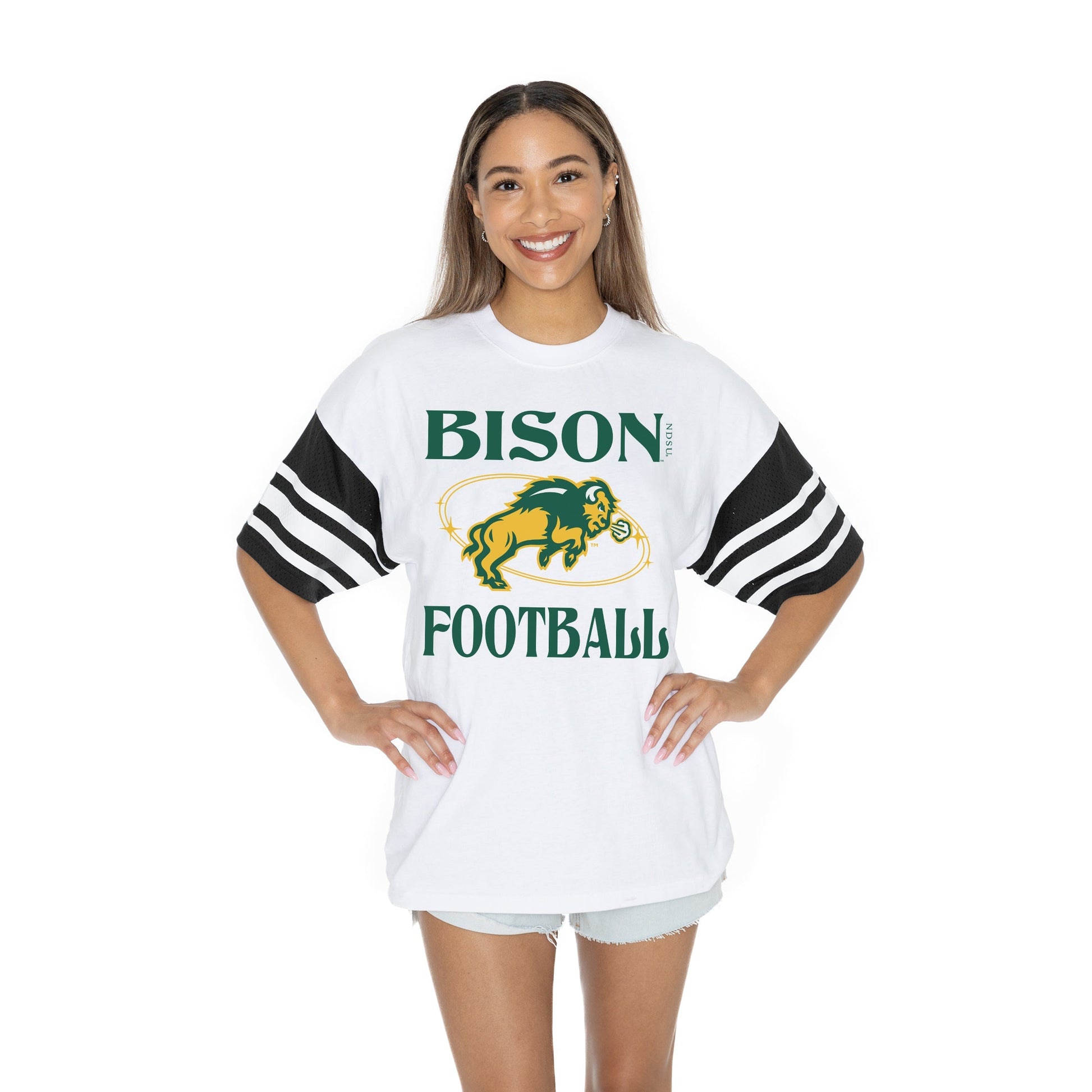 NORTH DAKOTA STATE BISON STARTING LINEUP BOLD CONTRAST, OVERSIZED, SPORTY HERITAGE-STRIPED TEE WITH JERSEY MESH SHORT SLEEVES AND RIBBED NECKLINE
