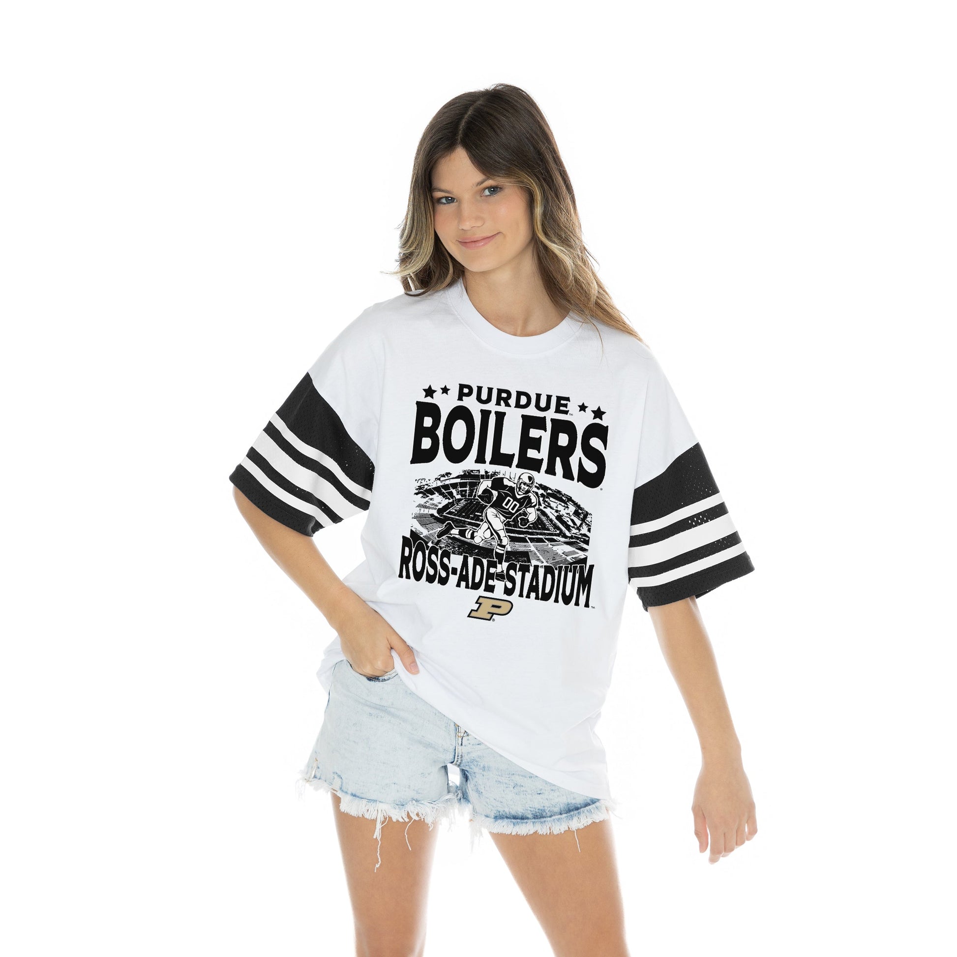 PURDUE BOILERMAKERS CROWD PLEASER BOLD CONTRAST, OVERSIZED, SPORTY HERITAGE-STRIPED TEE WITH JERSEY MESH SHORT SLEEVES AND RIBBED NECKLINE