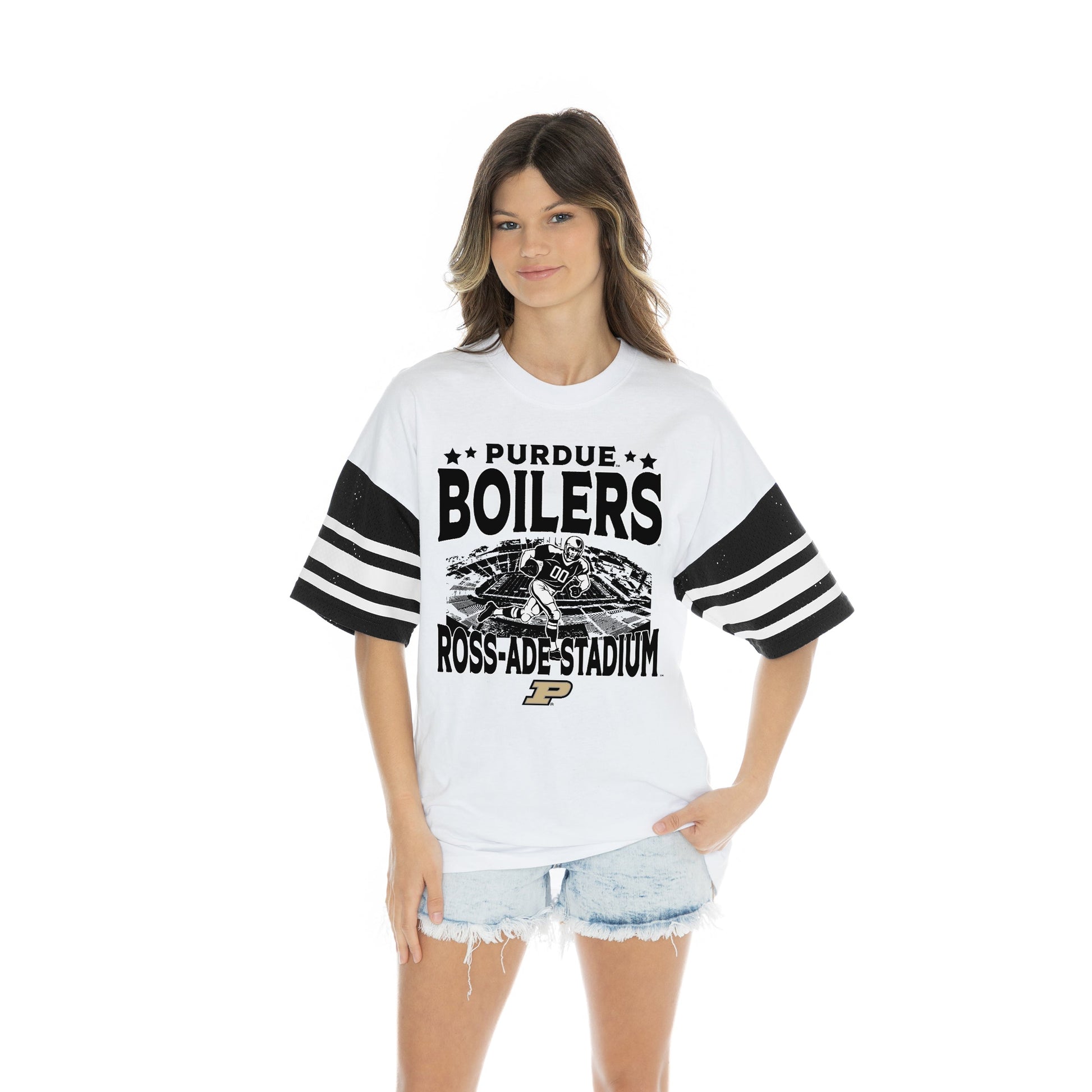 PURDUE BOILERMAKERS CROWD PLEASER BOLD CONTRAST, OVERSIZED, SPORTY HERITAGE-STRIPED TEE WITH JERSEY MESH SHORT SLEEVES AND RIBBED NECKLINE