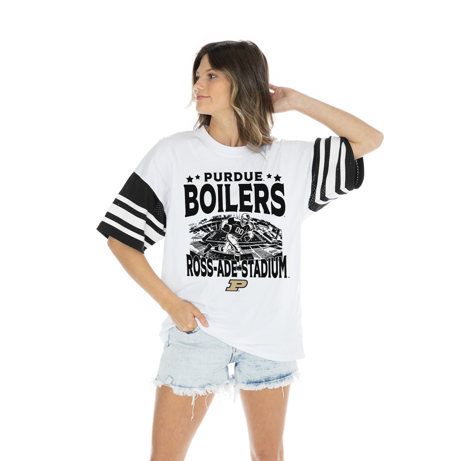 PURDUE BOILERMAKERS CROWD PLEASER BOLD CONTRAST, OVERSIZED, SPORTY HERITAGE-STRIPED TEE WITH JERSEY MESH SHORT SLEEVES AND RIBBED NECKLINE