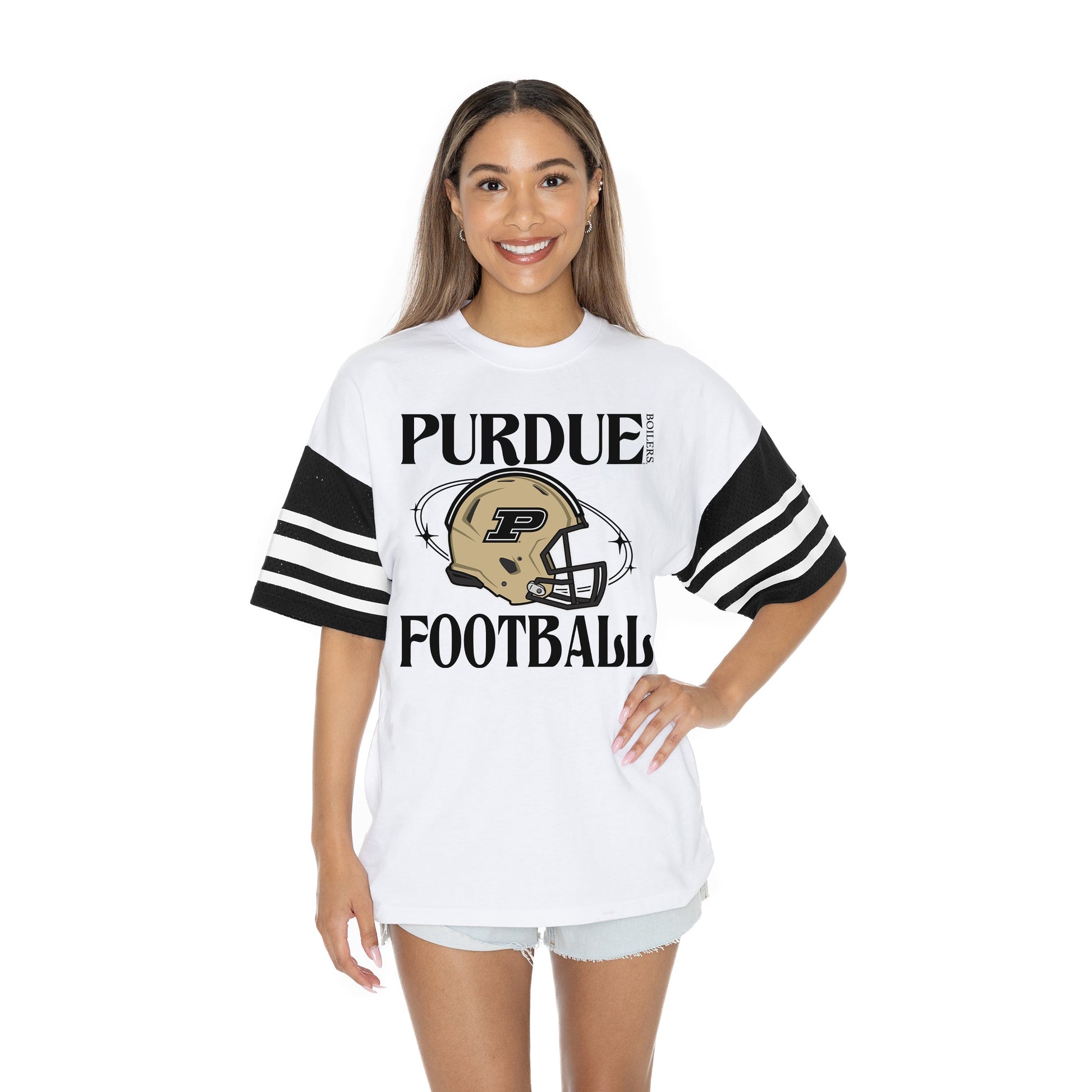 PURDUE BOILERMAKERS STARTING LINEUP BOLD CONTRAST, OVERSIZED, SPORTY HERITAGE-STRIPED TEE WITH JERSEY MESH SHORT SLEEVES AND RIBBED NECKLINE