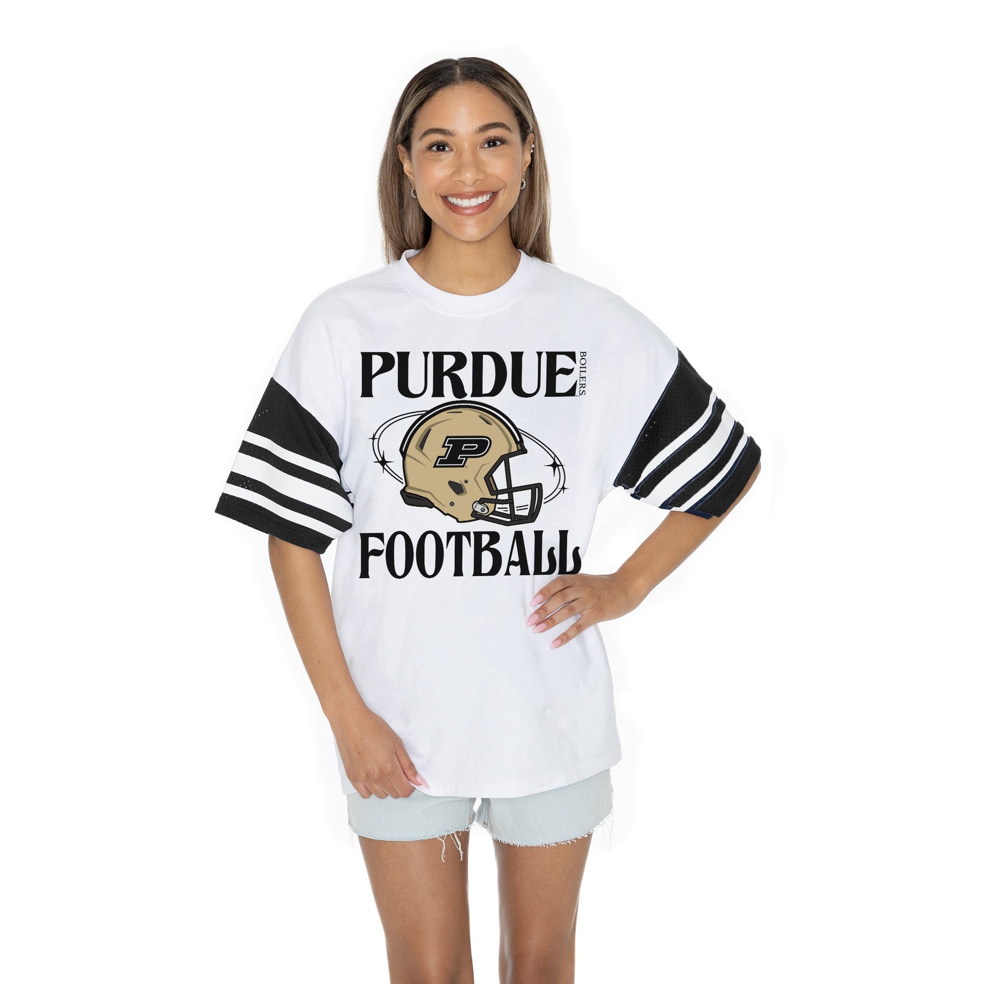 PURDUE BOILERMAKERS STARTING LINEUP BOLD CONTRAST, OVERSIZED, SPORTY HERITAGE-STRIPED TEE WITH JERSEY MESH SHORT SLEEVES AND RIBBED NECKLINE