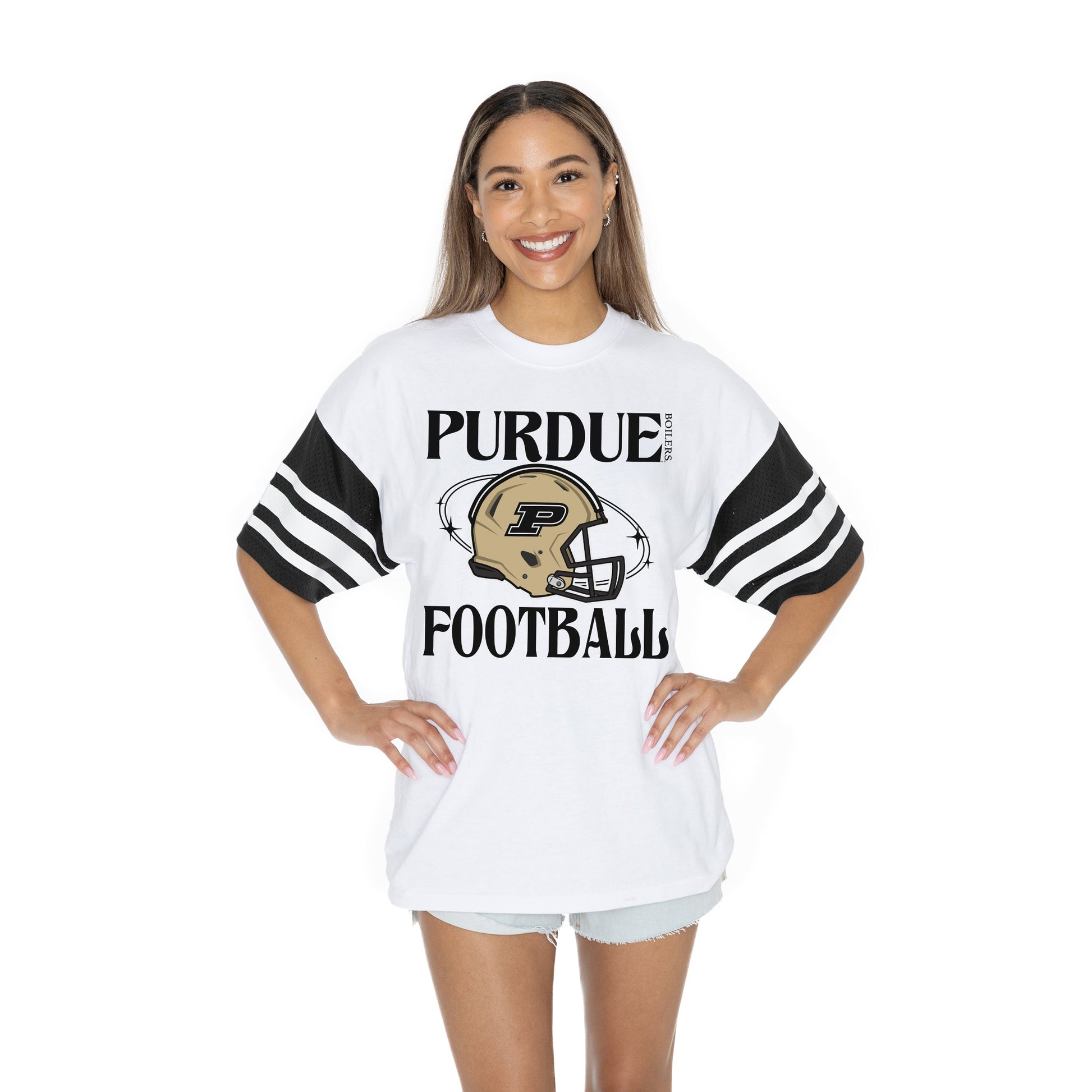 PURDUE BOILERMAKERS STARTING LINEUP BOLD CONTRAST, OVERSIZED, SPORTY HERITAGE-STRIPED TEE WITH JERSEY MESH SHORT SLEEVES AND RIBBED NECKLINE