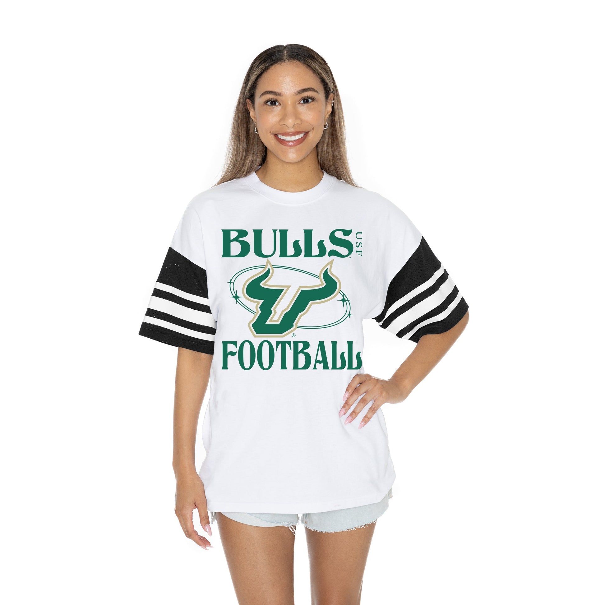 SOUTH FLORIDA BULLS STARTING LINEUP BOLD CONTRAST, OVERSIZED, SPORTY HERITAGE-STRIPED TEE WITH JERSEY MESH SHORT SLEEVES AND RIBBED NECKLINE
