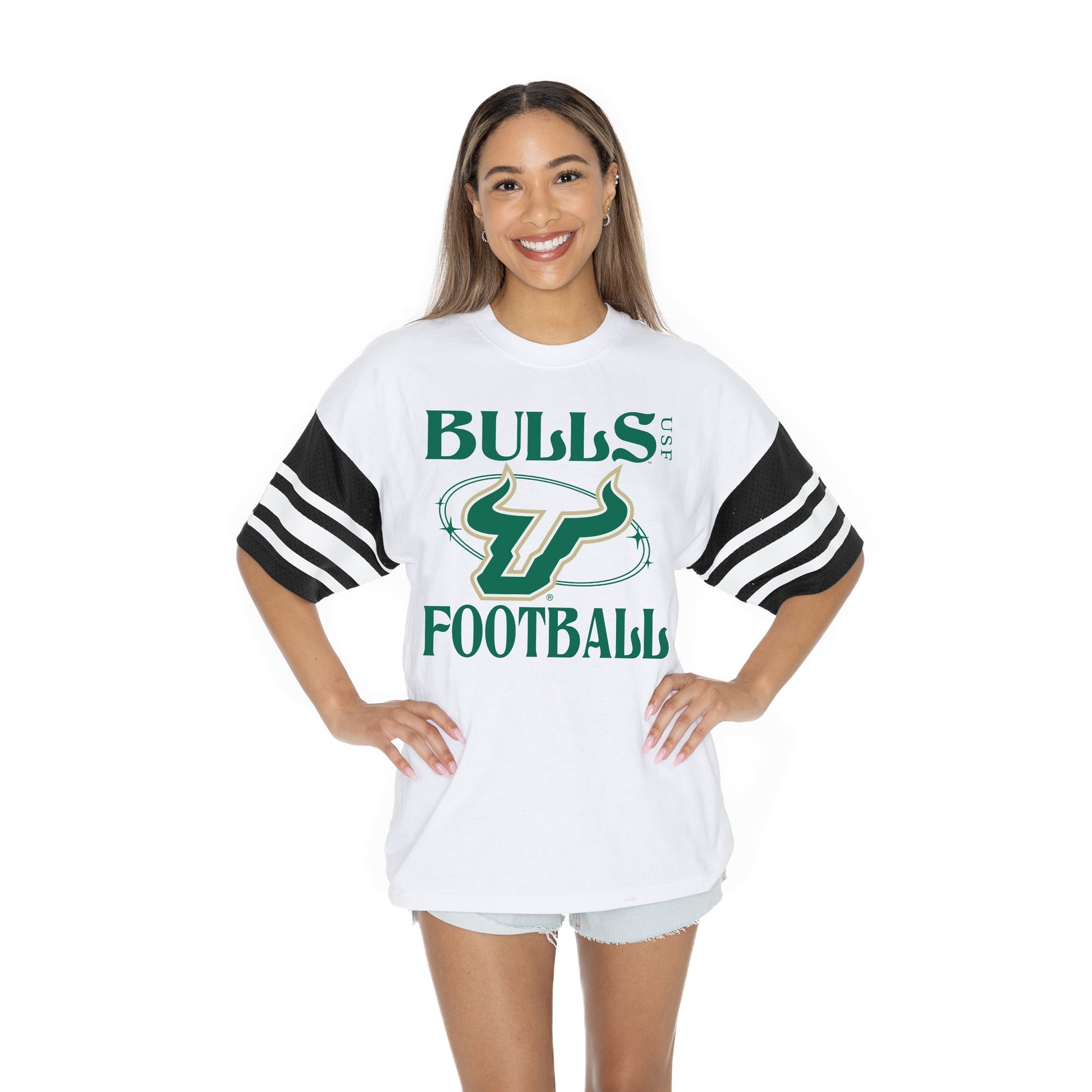 SOUTH FLORIDA BULLS STARTING LINEUP BOLD CONTRAST, OVERSIZED, SPORTY HERITAGE-STRIPED TEE WITH JERSEY MESH SHORT SLEEVES AND RIBBED NECKLINE