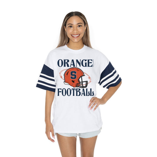 SYRACUSE ORANGE STARTING LINEUP BOLD CONTRAST, OVERSIZED, SPORTY HERITAGE - STRIPED TEE WITH JERSEY MESH SHORT SLEEVES AND RIBBED NECKLINE - The Club