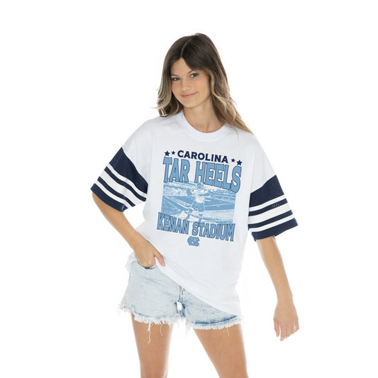 NORTH CAROLINA TAR HEELS CROWD PLEASER BOLD CONTRAST, OVERSIZED, SPORTY HERITAGE - STRIPED TEE WITH JERSEY MESH SHORT SLEEVES AND RIBBED NECKLINE - The Club