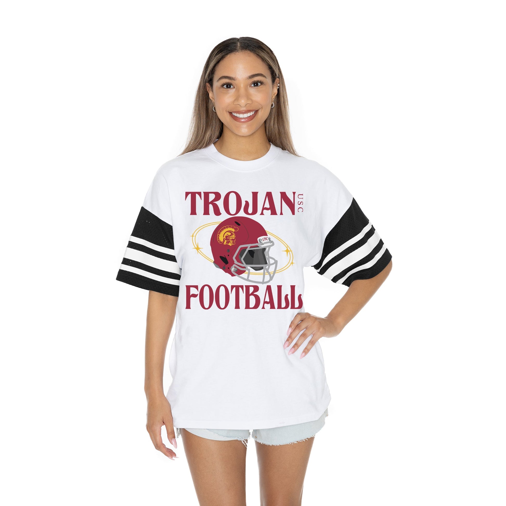 USC TROJANS STARTING LINEUP BOLD CONTRAST, OVERSIZED, SPORTY HERITAGE-STRIPED TEE WITH JERSEY MESH SHORT SLEEVES AND RIBBED NECKLINE