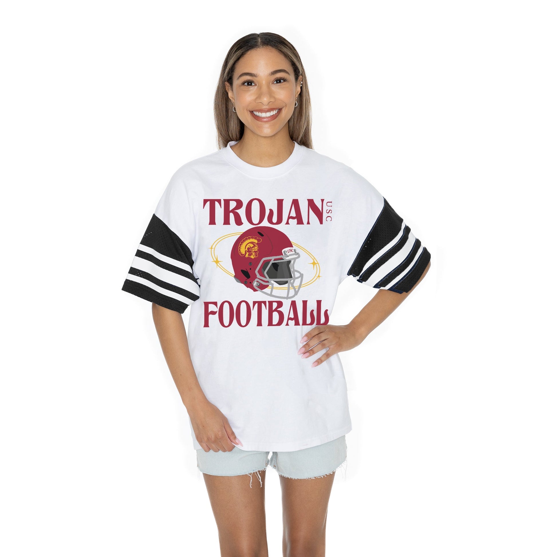 USC TROJANS STARTING LINEUP BOLD CONTRAST, OVERSIZED, SPORTY HERITAGE-STRIPED TEE WITH JERSEY MESH SHORT SLEEVES AND RIBBED NECKLINE