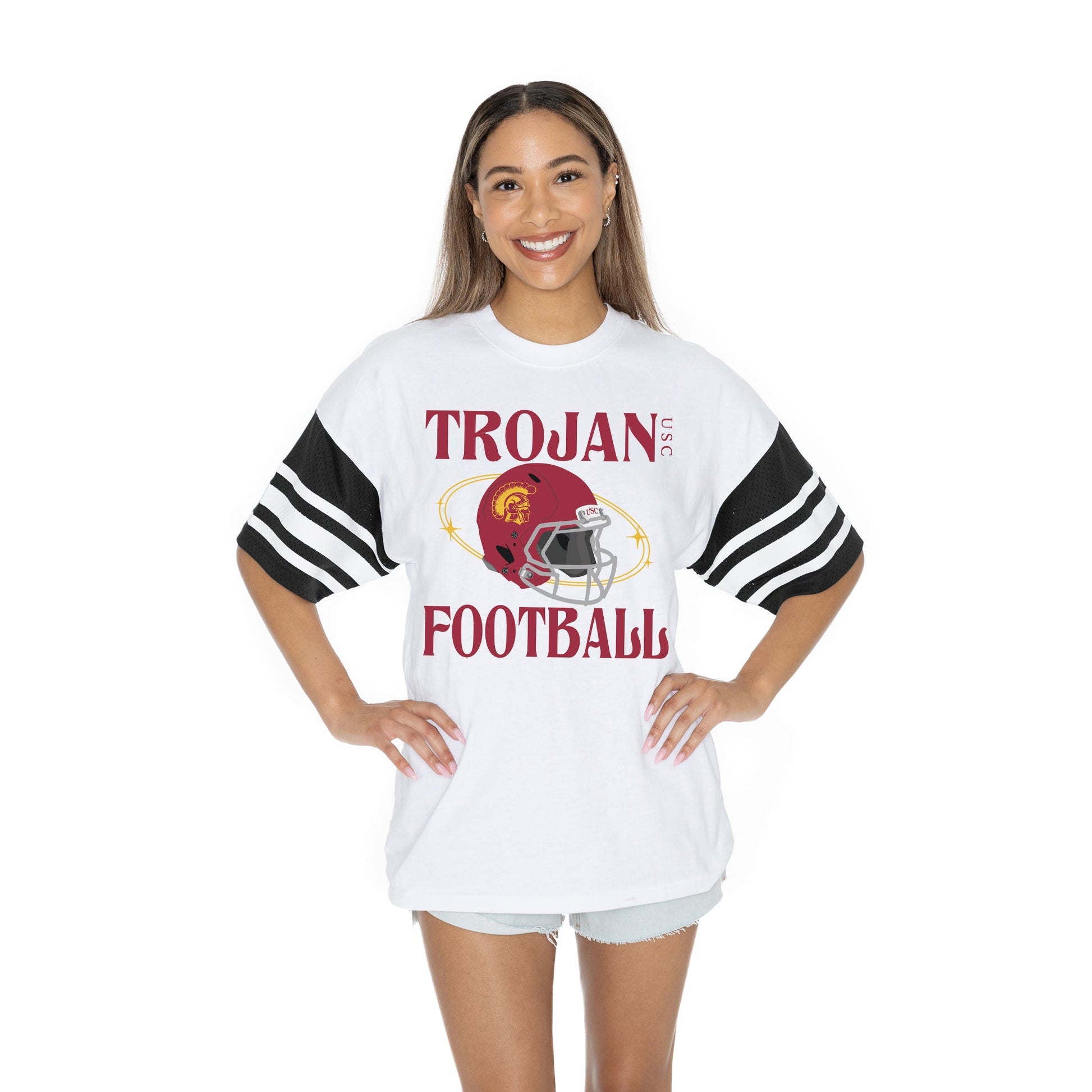USC TROJANS STARTING LINEUP BOLD CONTRAST, OVERSIZED, SPORTY HERITAGE-STRIPED TEE WITH JERSEY MESH SHORT SLEEVES AND RIBBED NECKLINE