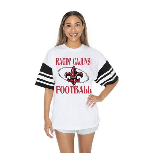 LOUISIANA RAGIN' CAJUNS STARTING LINEUP BOLD CONTRAST, OVERSIZED, SPORTY HERITAGE - STRIPED TEE WITH JERSEY MESH SHORT SLEEVES AND RIBBED NECKLINE - The Club