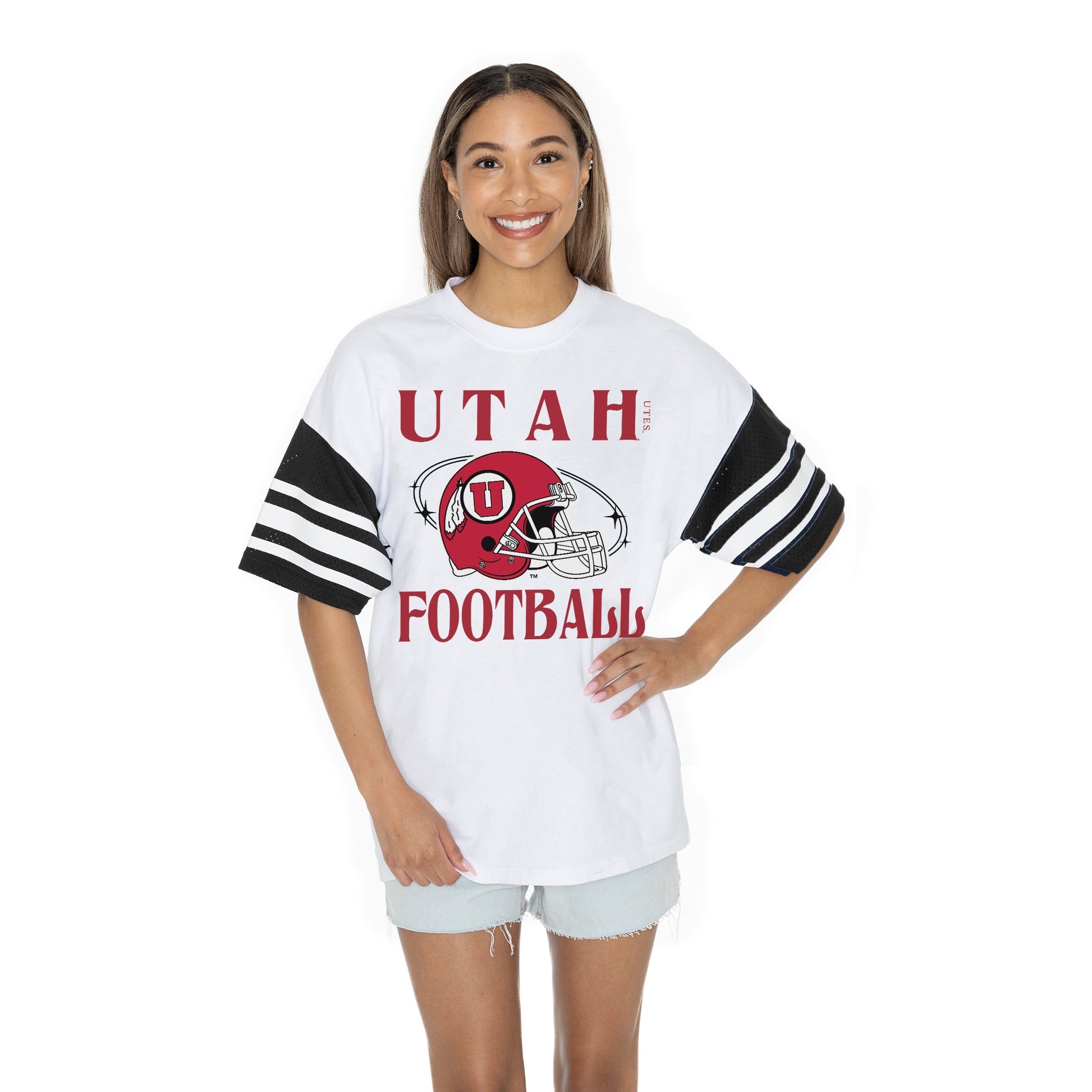 UTAH UTES STARTING LINEUP BOLD CONTRAST, OVERSIZED, SPORTY HERITAGE-STRIPED TEE WITH JERSEY MESH SHORT SLEEVES AND RIBBED NECKLINE