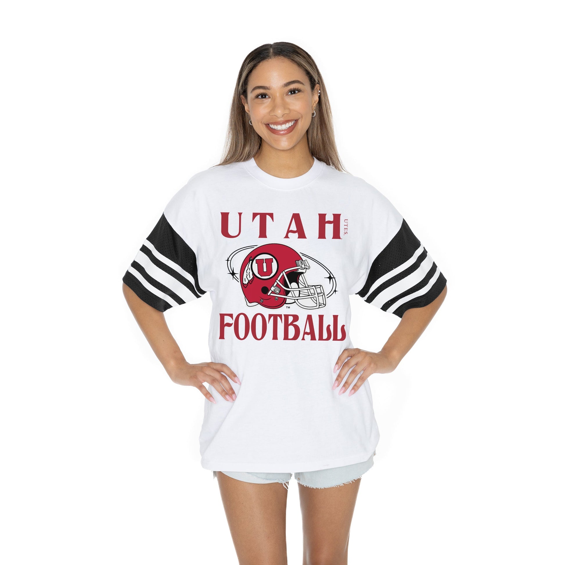 UTAH UTES STARTING LINEUP BOLD CONTRAST, OVERSIZED, SPORTY HERITAGE-STRIPED TEE WITH JERSEY MESH SHORT SLEEVES AND RIBBED NECKLINE