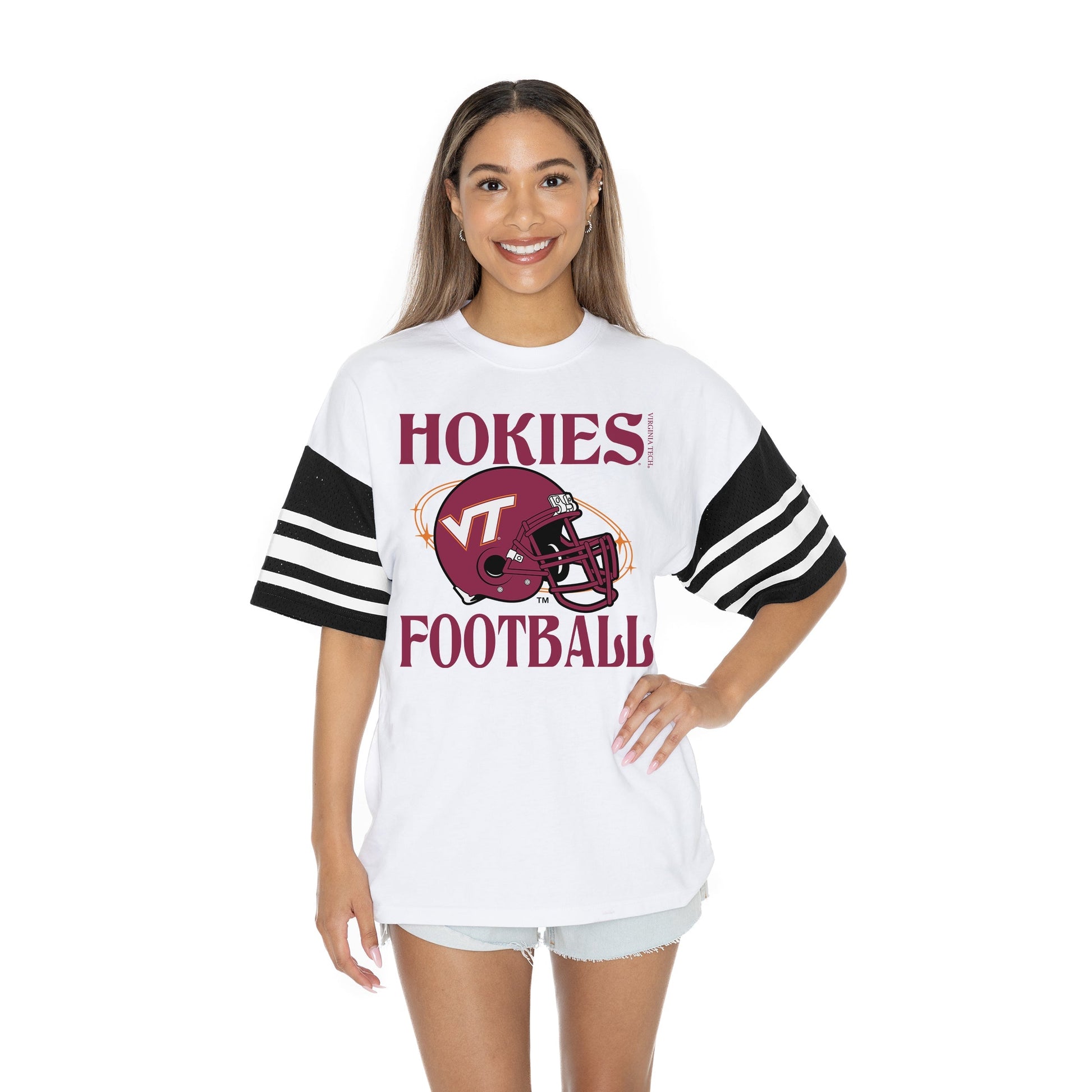 VIRGINIA TECH HOKIES STARTING LINEUP BOLD CONTRAST, OVERSIZED, SPORTY HERITAGE-STRIPED TEE WITH JERSEY MESH SHORT SLEEVES AND RIBBED NECKLINE