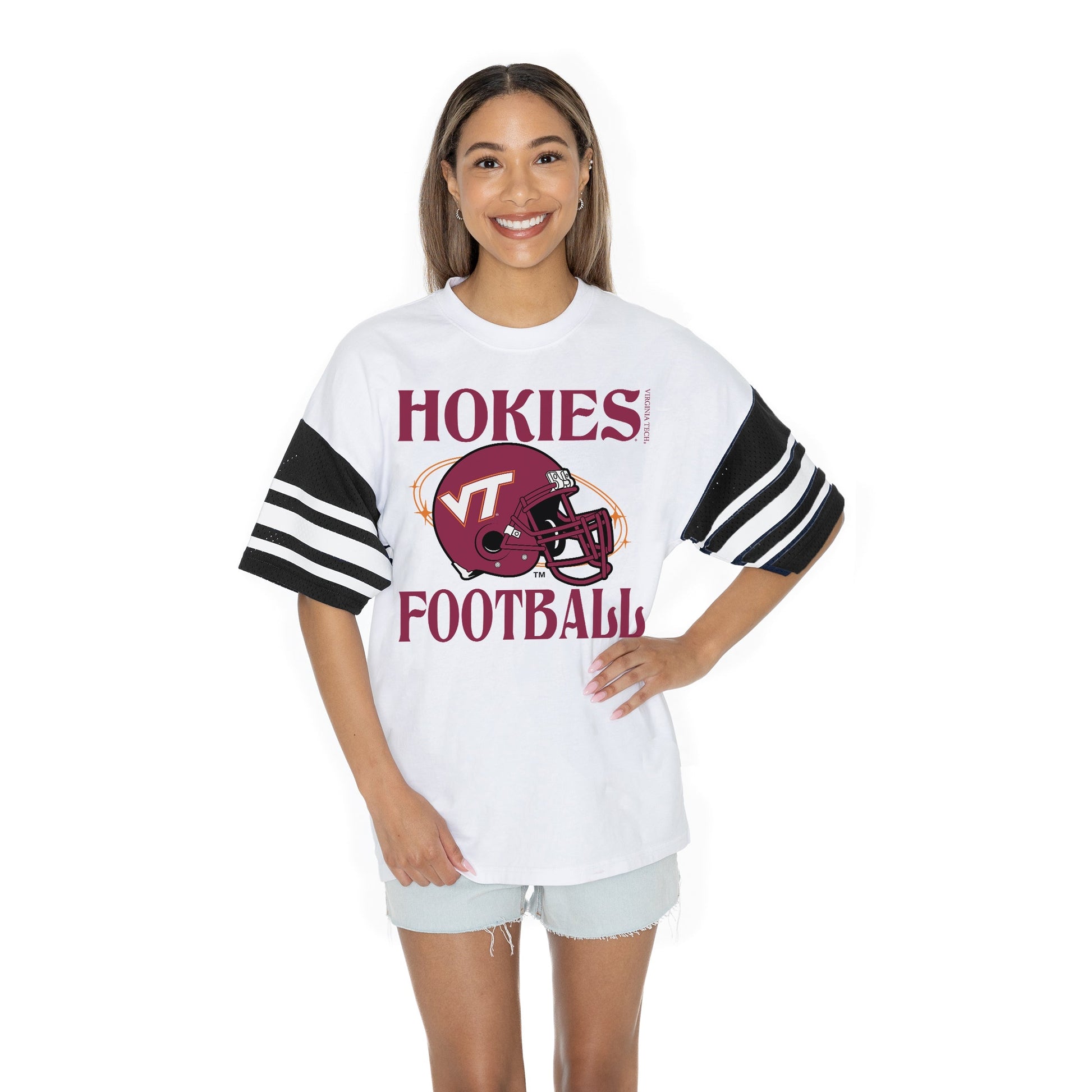 VIRGINIA TECH HOKIES STARTING LINEUP BOLD CONTRAST, OVERSIZED, SPORTY HERITAGE-STRIPED TEE WITH JERSEY MESH SHORT SLEEVES AND RIBBED NECKLINE